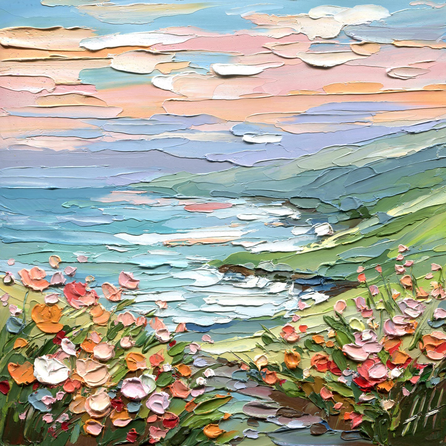 Coastal Meadow oil painting: textured landscape, impasto seascape wall art pastel flowers, green hills