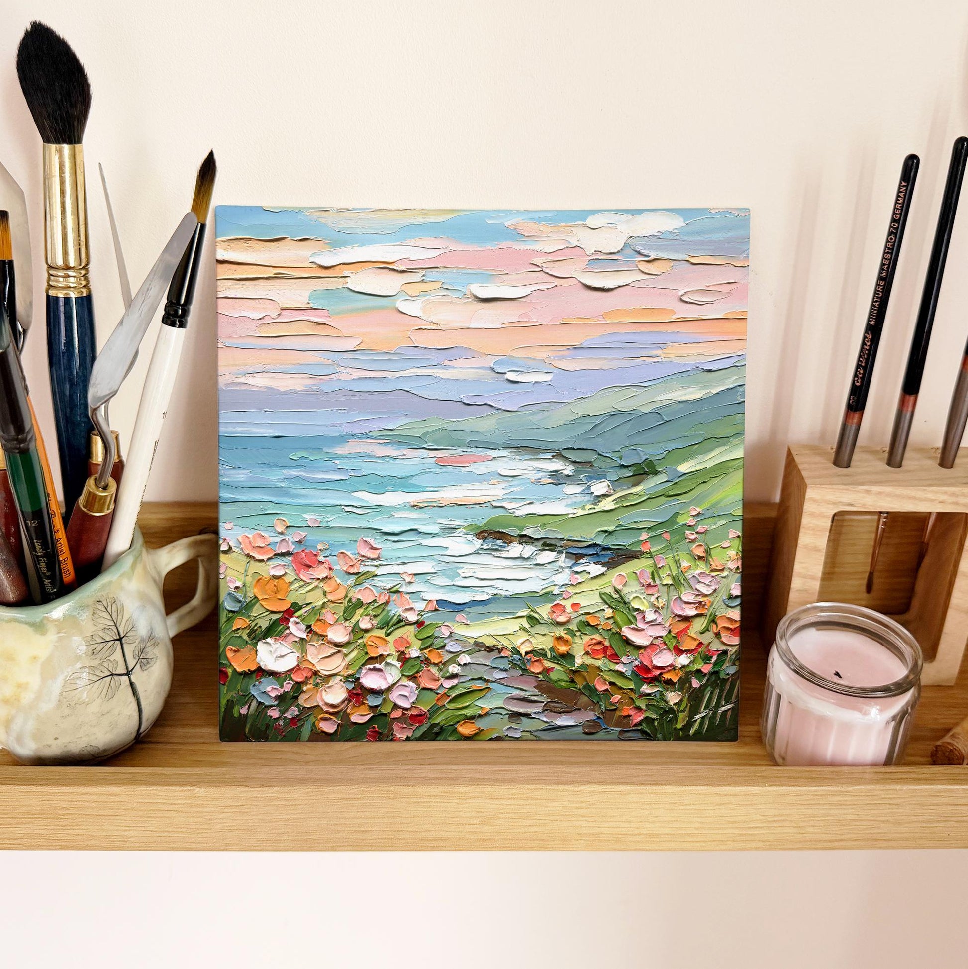 Coastal Meadow oil painting: textured landscape, impasto seascape wall art pastel flowers, green hills