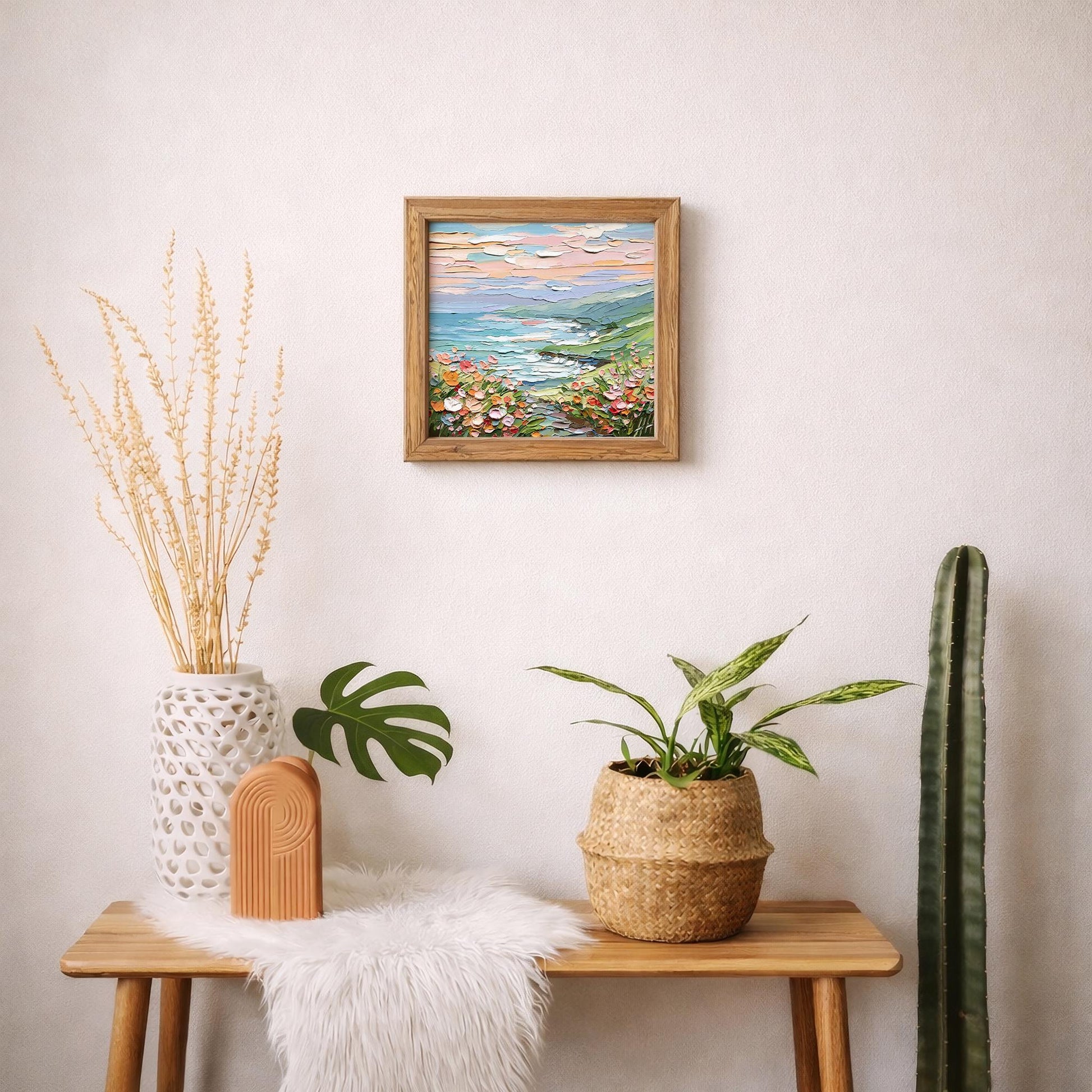 Coastal Meadow oil painting: textured landscape, impasto seascape wall art pastel flowers, green hills