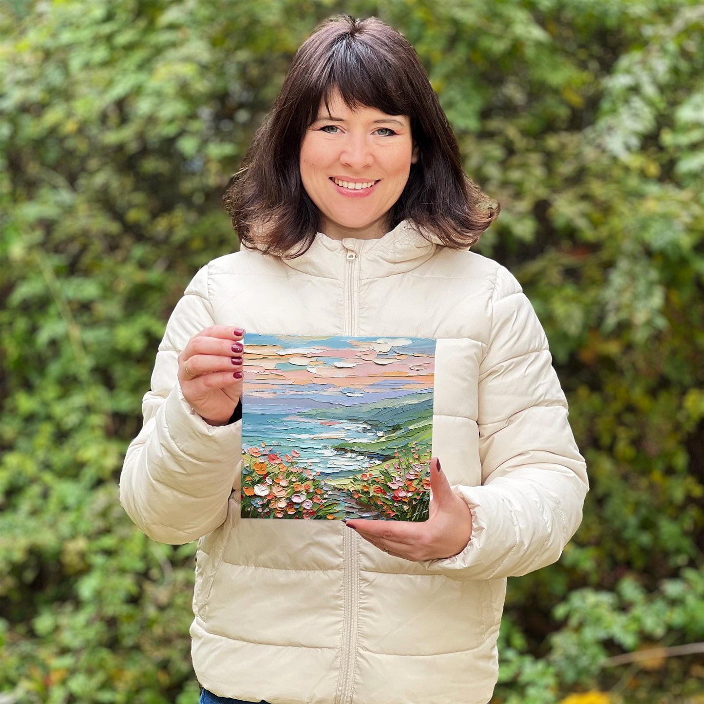 Coastal Meadow oil painting: textured landscape, impasto seascape wall art pastel flowers, green hills