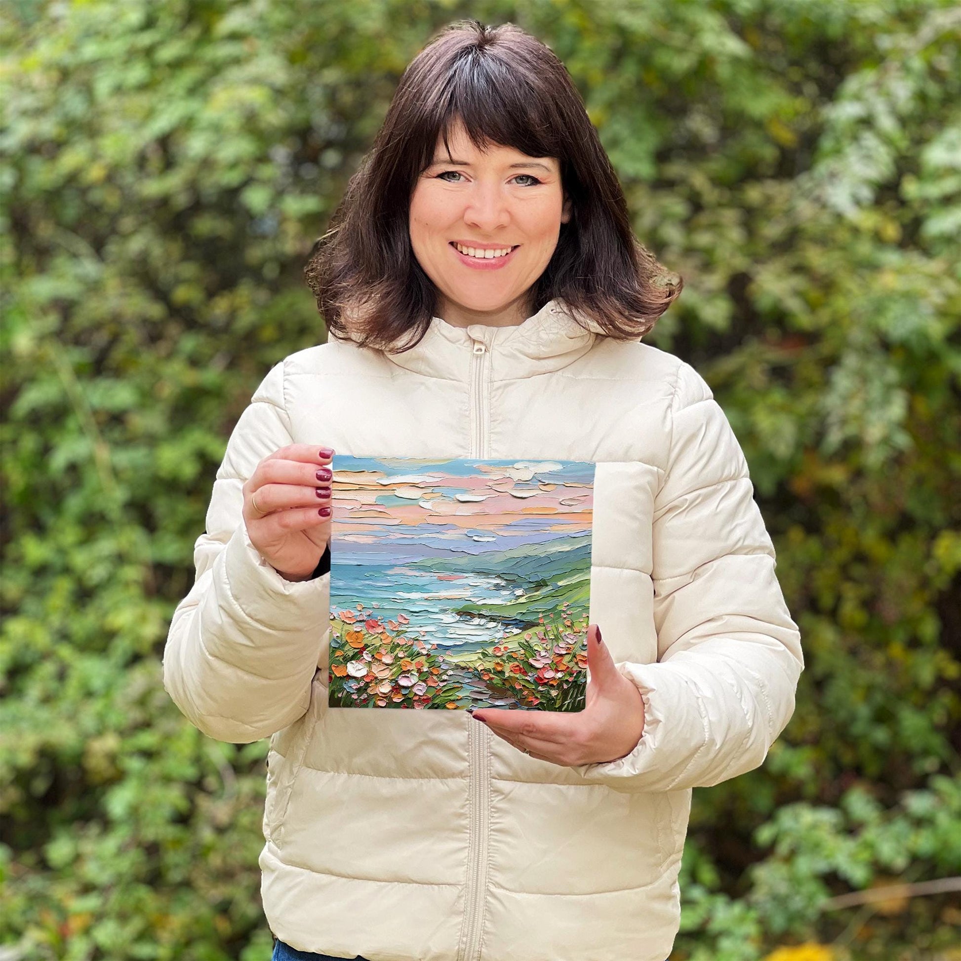 Coastal Meadow oil painting: textured landscape, impasto seascape wall art pastel flowers, green hills