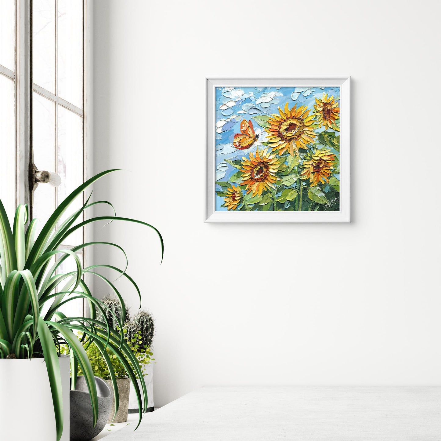Original Sunflower Oil Painting, Textured Impasto Floral Wall Art with Butterfly, Summer Garden Decor