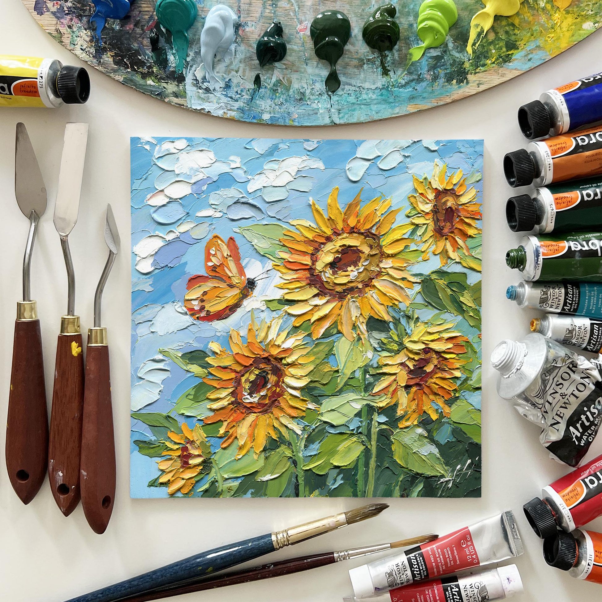 Original Sunflower Oil Painting, Textured Impasto Floral Wall Art with Butterfly, Summer Garden Decor