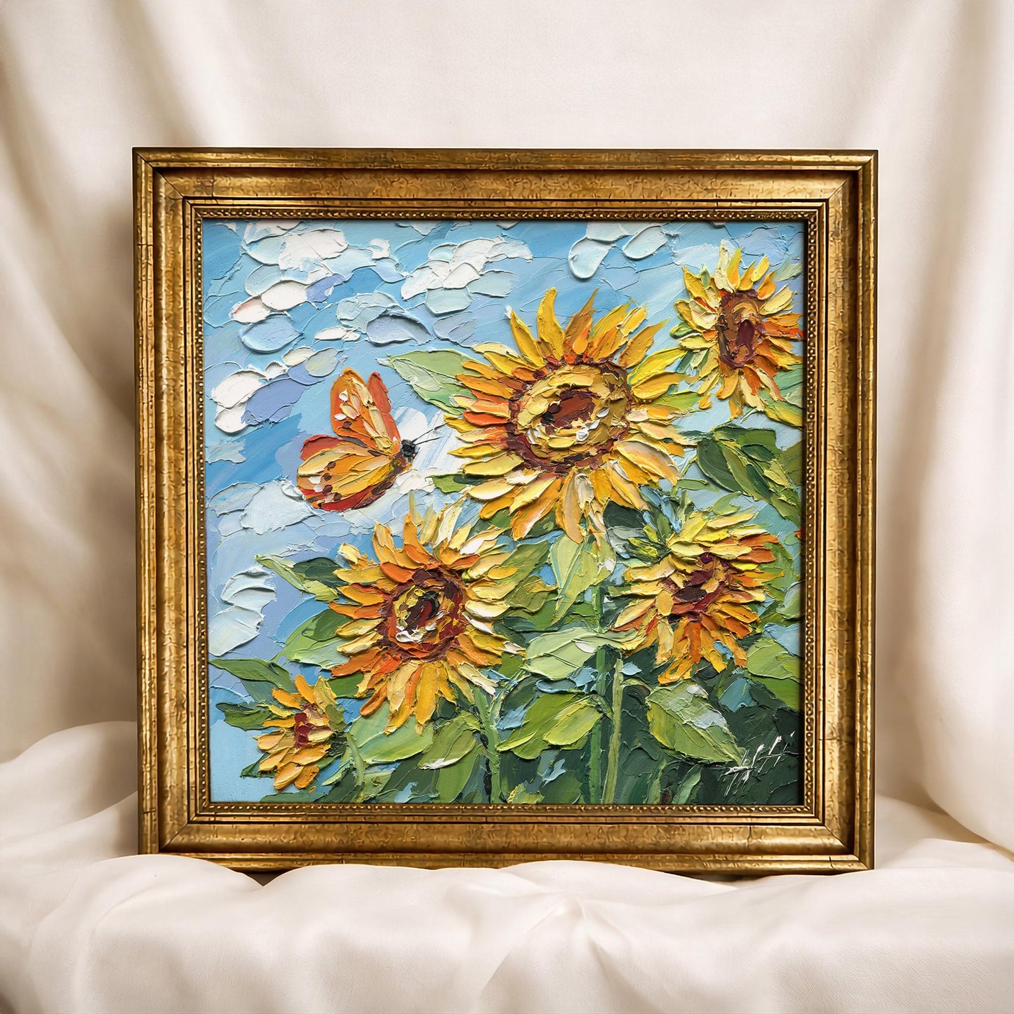 Original Sunflower Oil Painting, Textured Impasto Floral Wall Art with Butterfly, Summer Garden Decor