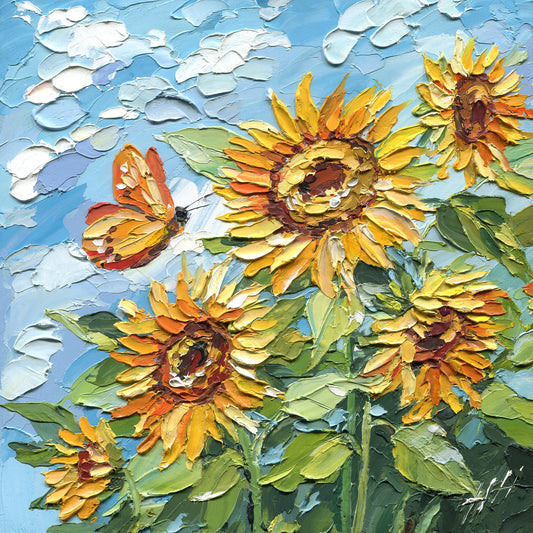Original Sunflower Oil Painting, Textured Impasto Floral Wall Art with Butterfly, Summer Garden Decor