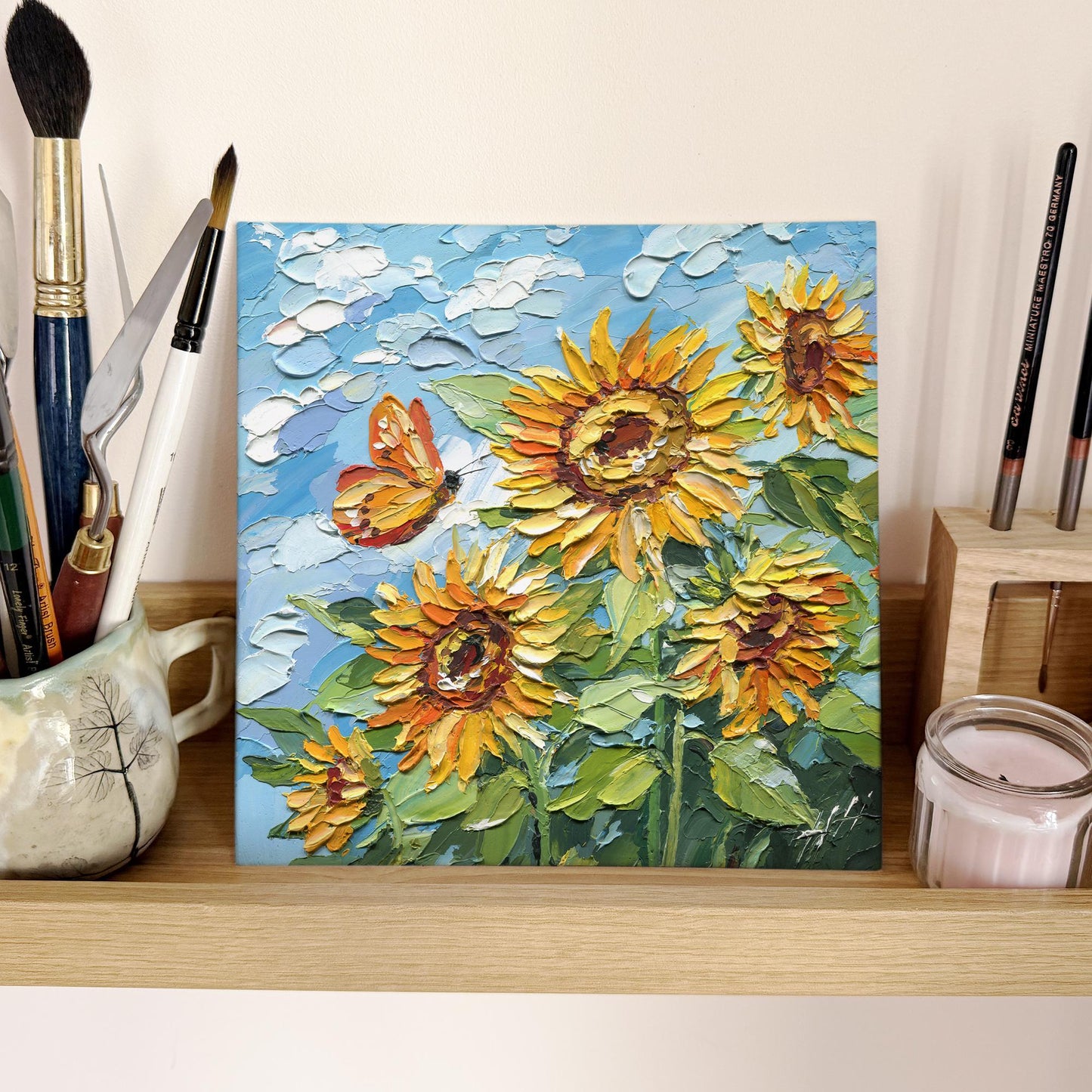 Original Sunflower Oil Painting, Textured Impasto Floral Wall Art with Butterfly, Summer Garden Decor