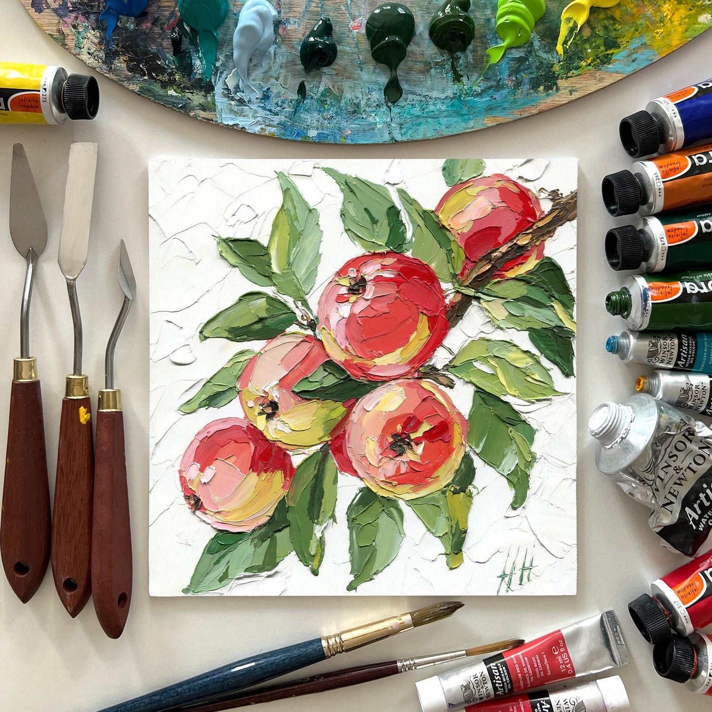 Red Apple oil painting: textured impasto still life fruit with green leaves, kitchen decor, original artwork