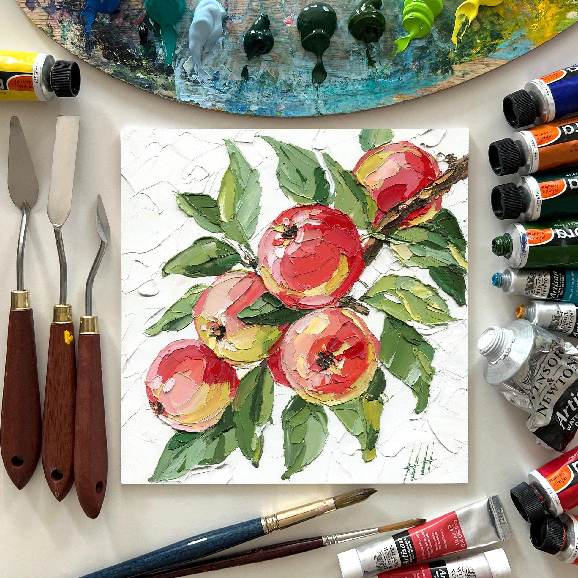 Red Apple oil painting: textured impasto still life fruit with green leaves, kitchen decor, original artwork