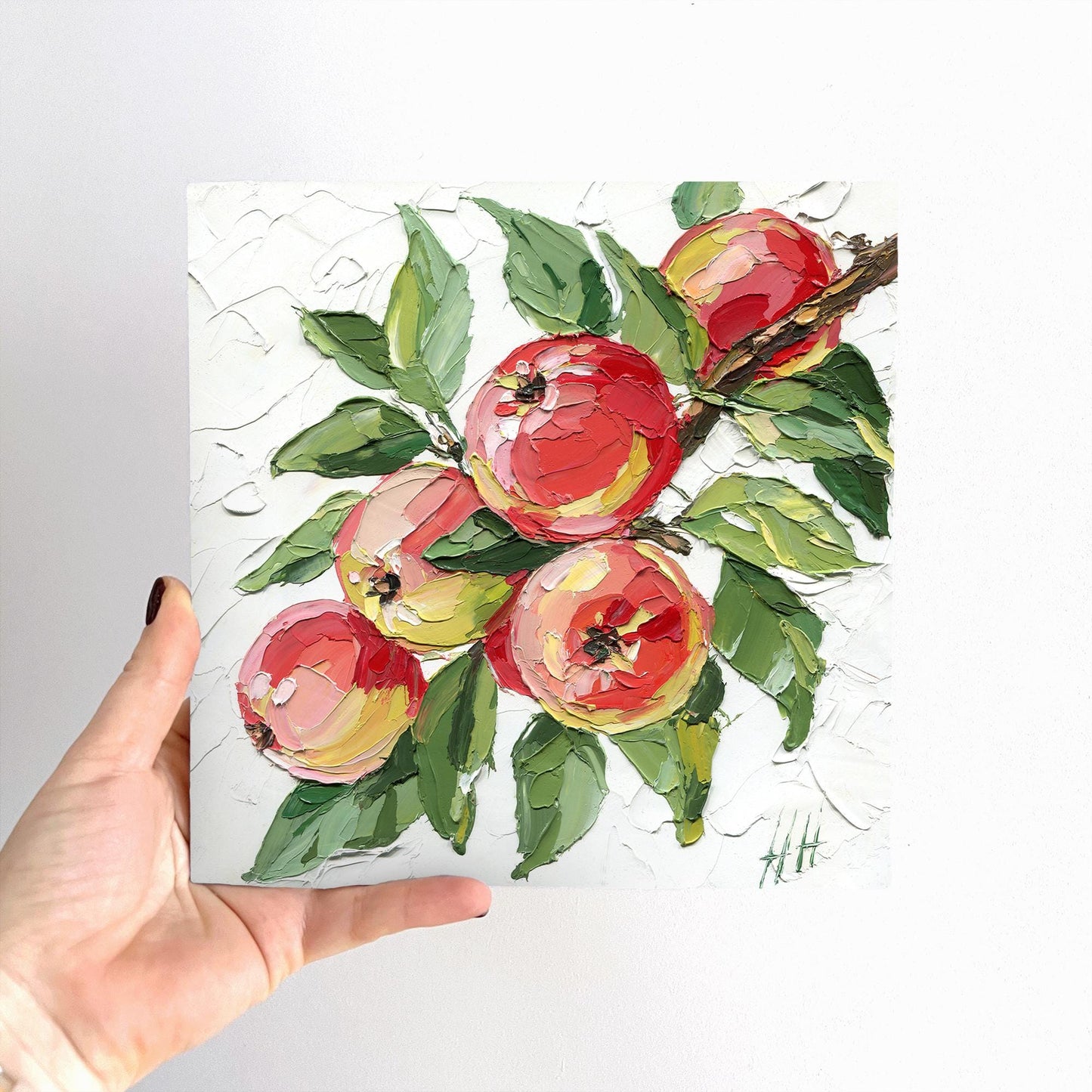 Red Apple oil painting: textured impasto still life fruit with green leaves, kitchen decor, original artwork