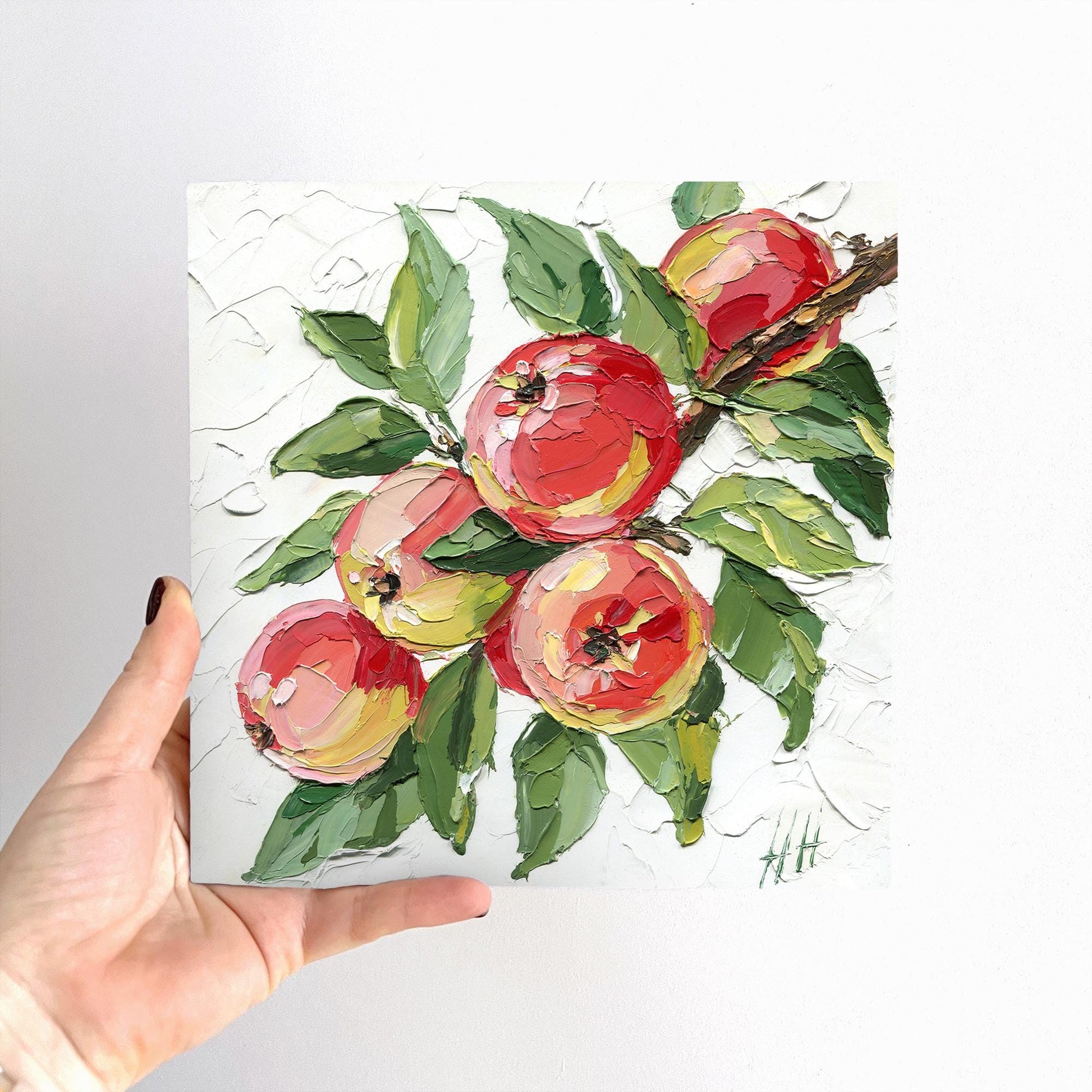 Red Apple oil painting: textured impasto still life fruit with green leaves, kitchen decor, original artwork