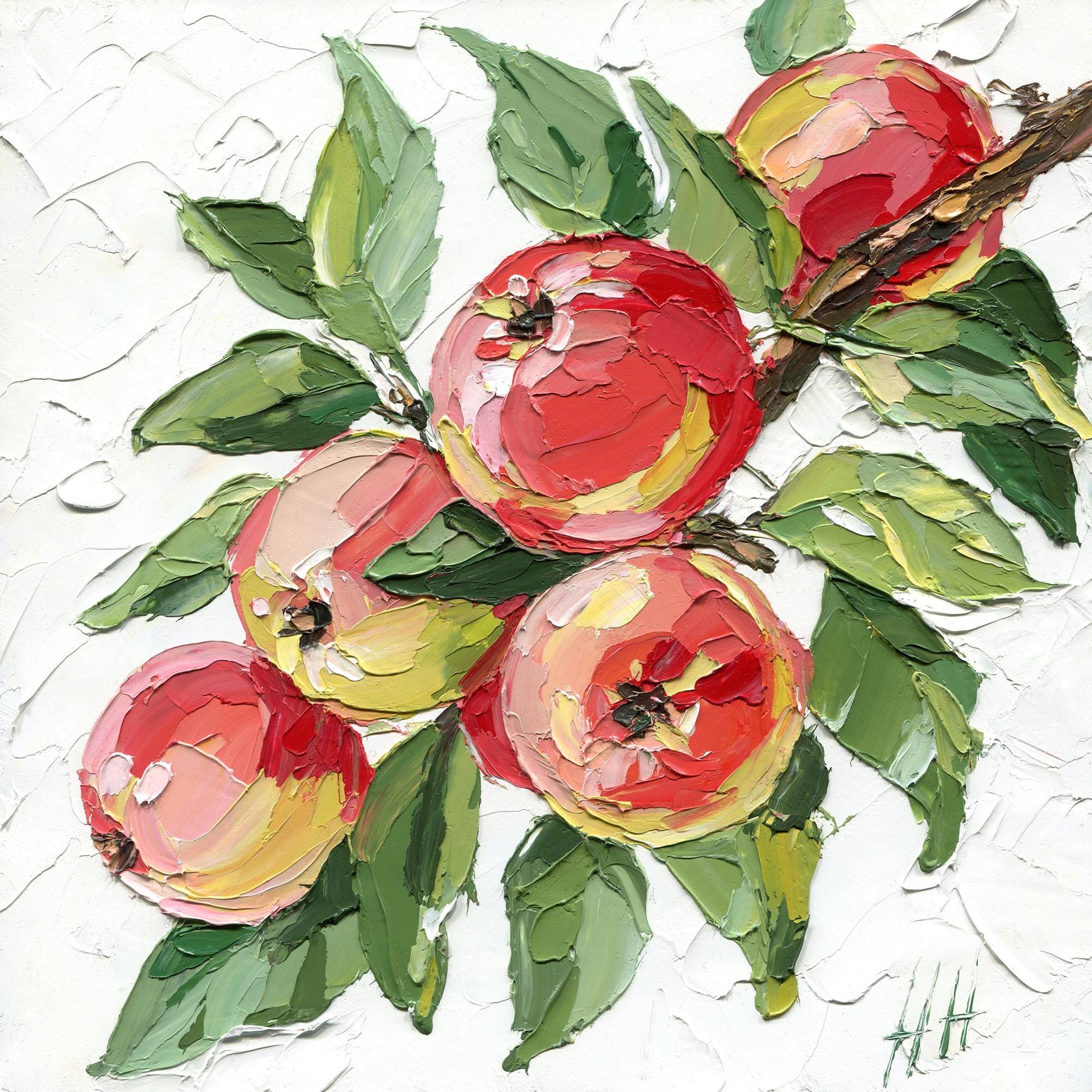Red Apple oil painting: textured impasto still life fruit with green leaves, kitchen decor, original artwork