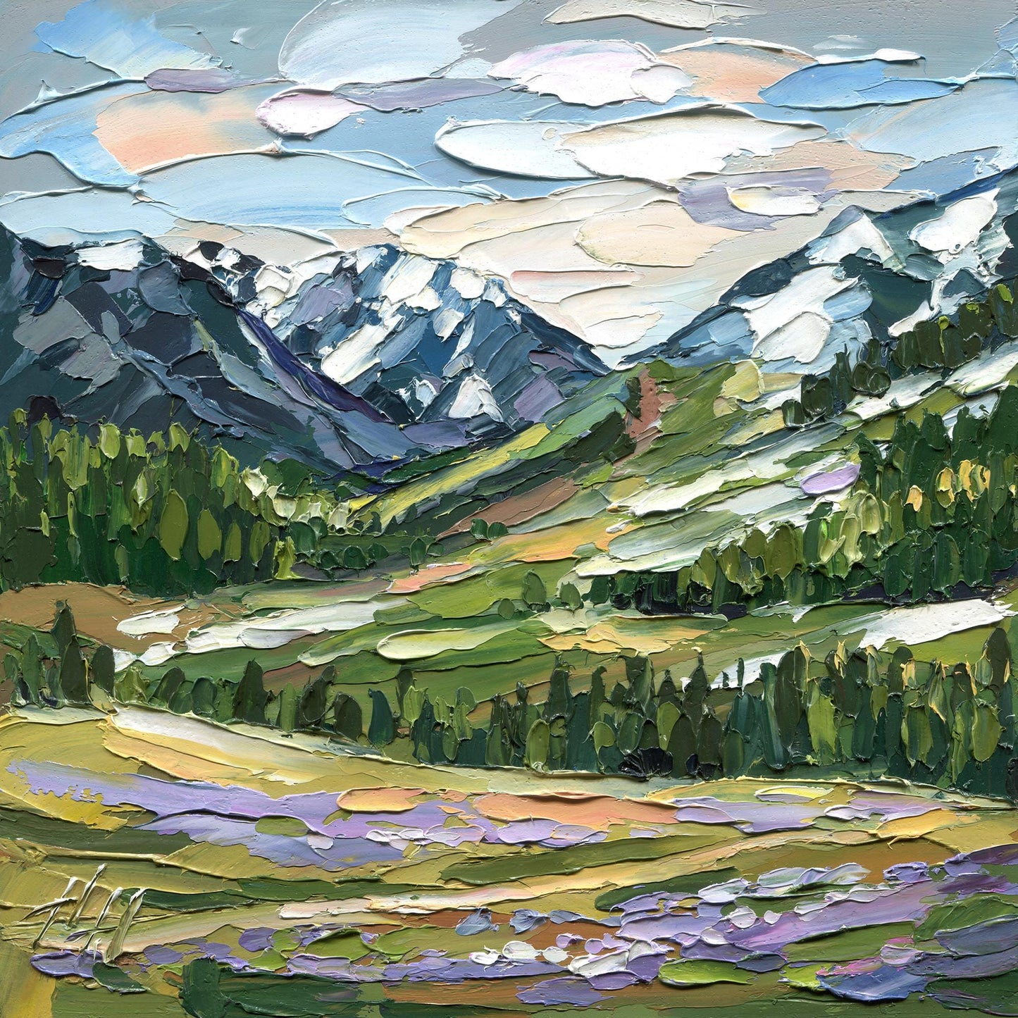 Original Mountain Landscape Oil Painting, Textured Impasto Alpine Valley Wall Art, Nature Decor
