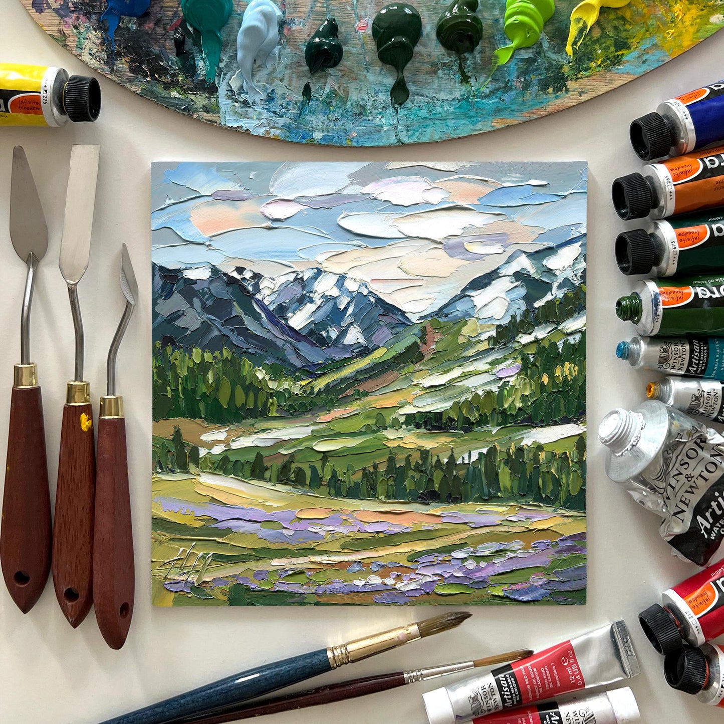 Original Mountain Landscape Oil Painting, Textured Impasto Alpine Valley Wall Art, Nature Decor
