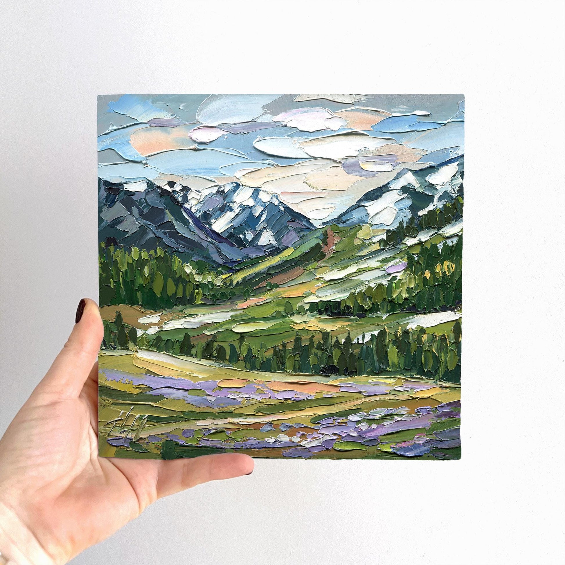 Original Mountain Landscape Oil Painting, Textured Impasto Alpine Valley Wall Art, Nature Decor