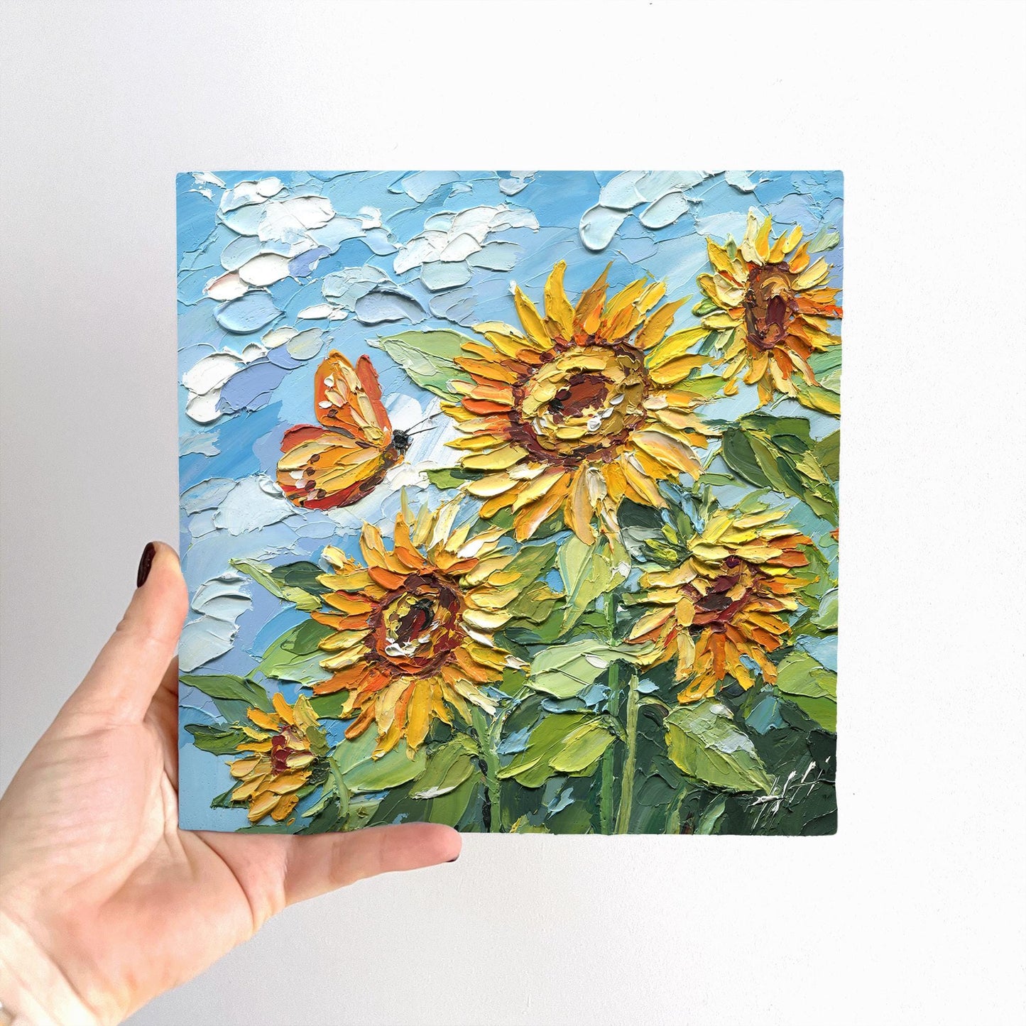 Original Sunflower Oil Painting, Textured Impasto Floral Wall Art with Butterfly, Summer Garden Decor