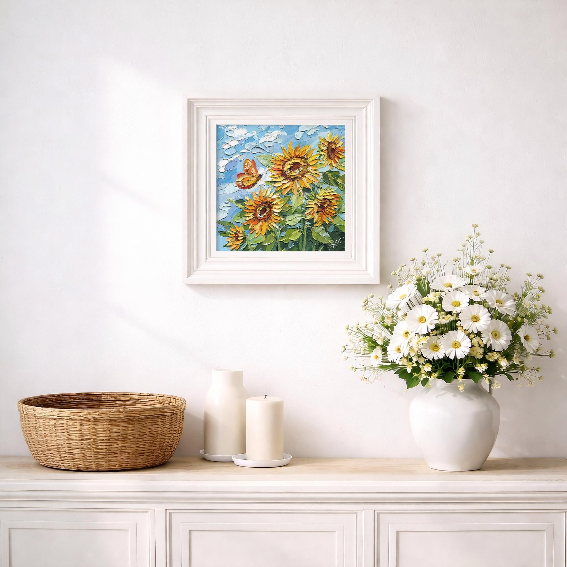 Original Sunflower Oil Painting, Textured Impasto Floral Wall Art with Butterfly, Summer Garden Decor
