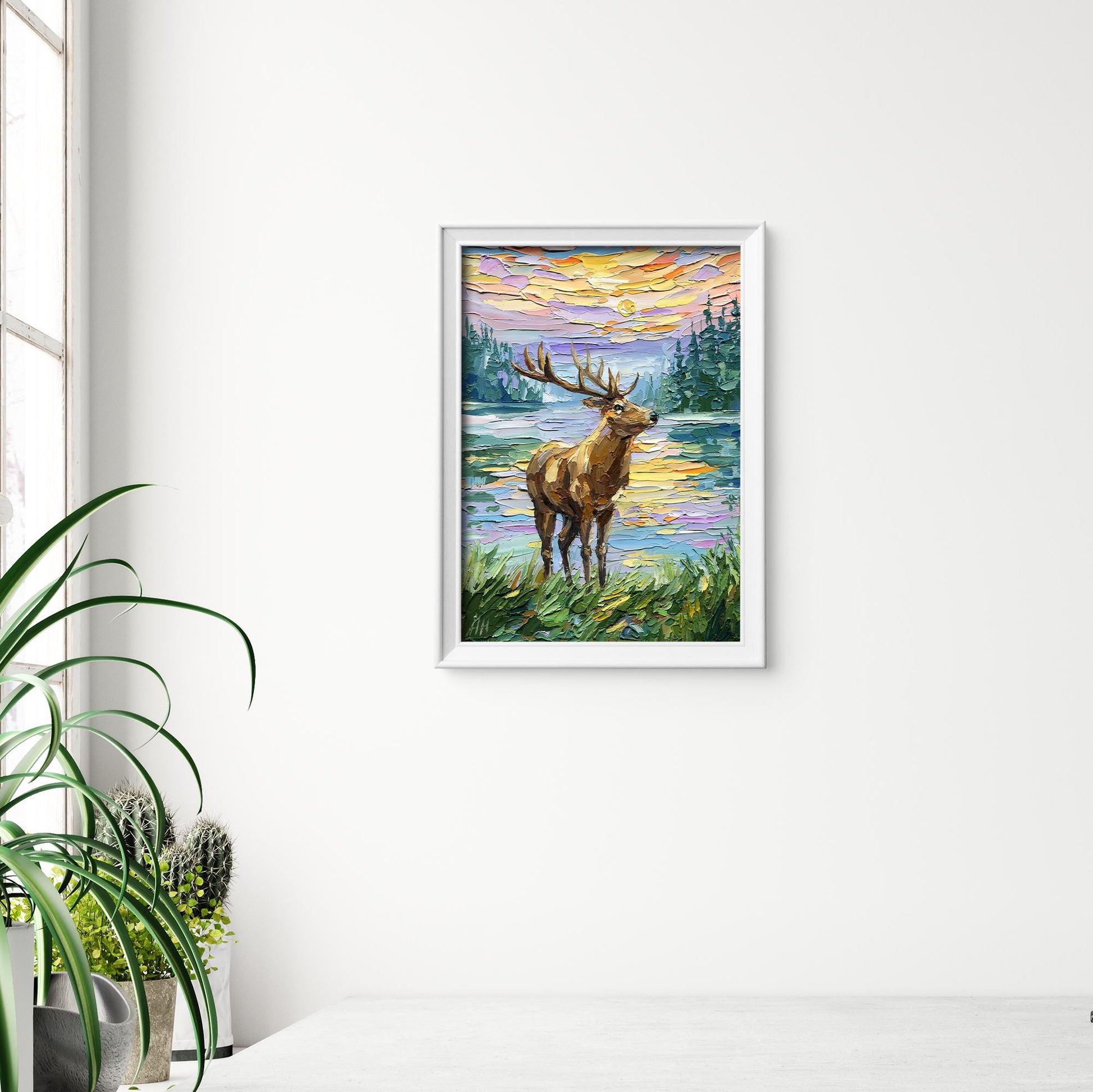 Deer Oil Painting: Textured Impasto Wildlife Art, Original landscape, Palette Knife Sunset Lake Artwork