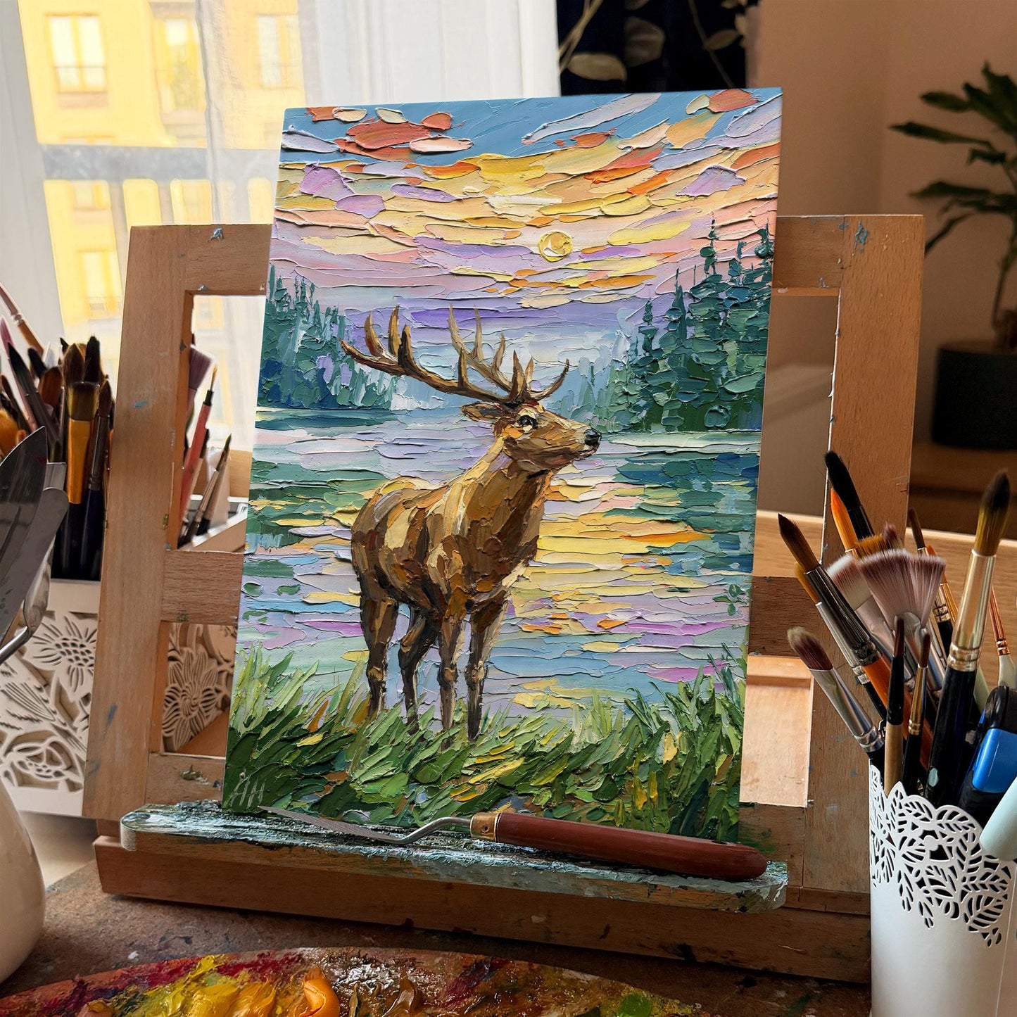 Deer Oil Painting: Textured Impasto Wildlife Art, Original landscape, Palette Knife Sunset Lake Artwork