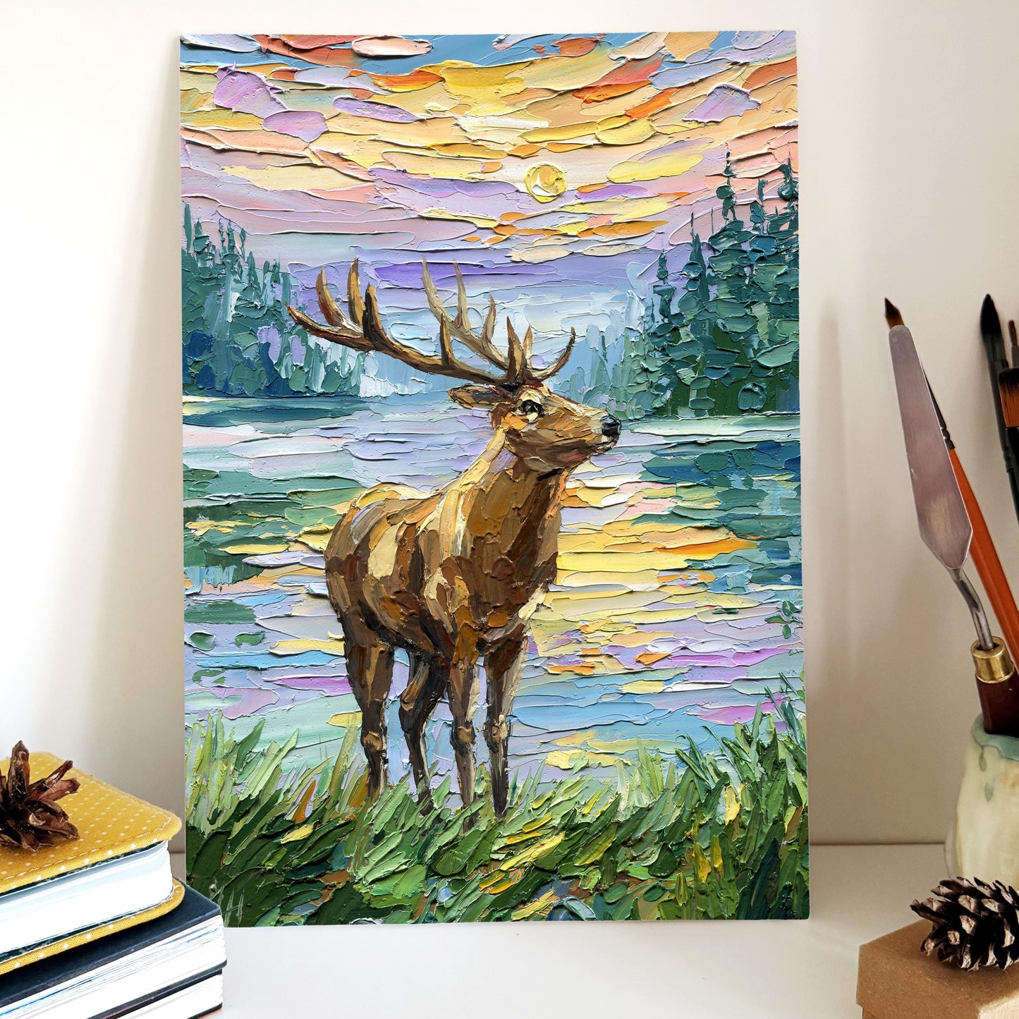Deer Oil Painting: Textured Impasto Wildlife Art, Original landscape, Palette Knife Sunset Lake Artwork