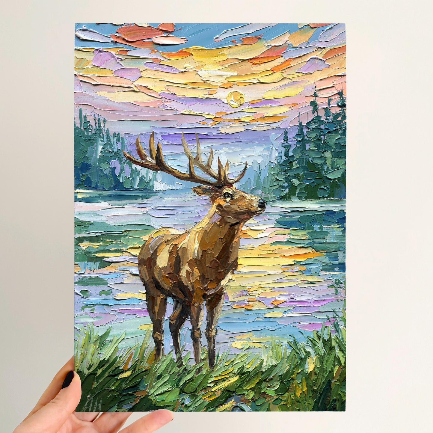 Deer Oil Painting: Textured Impasto Wildlife Art, Original landscape, Palette Knife Sunset Lake Artwork