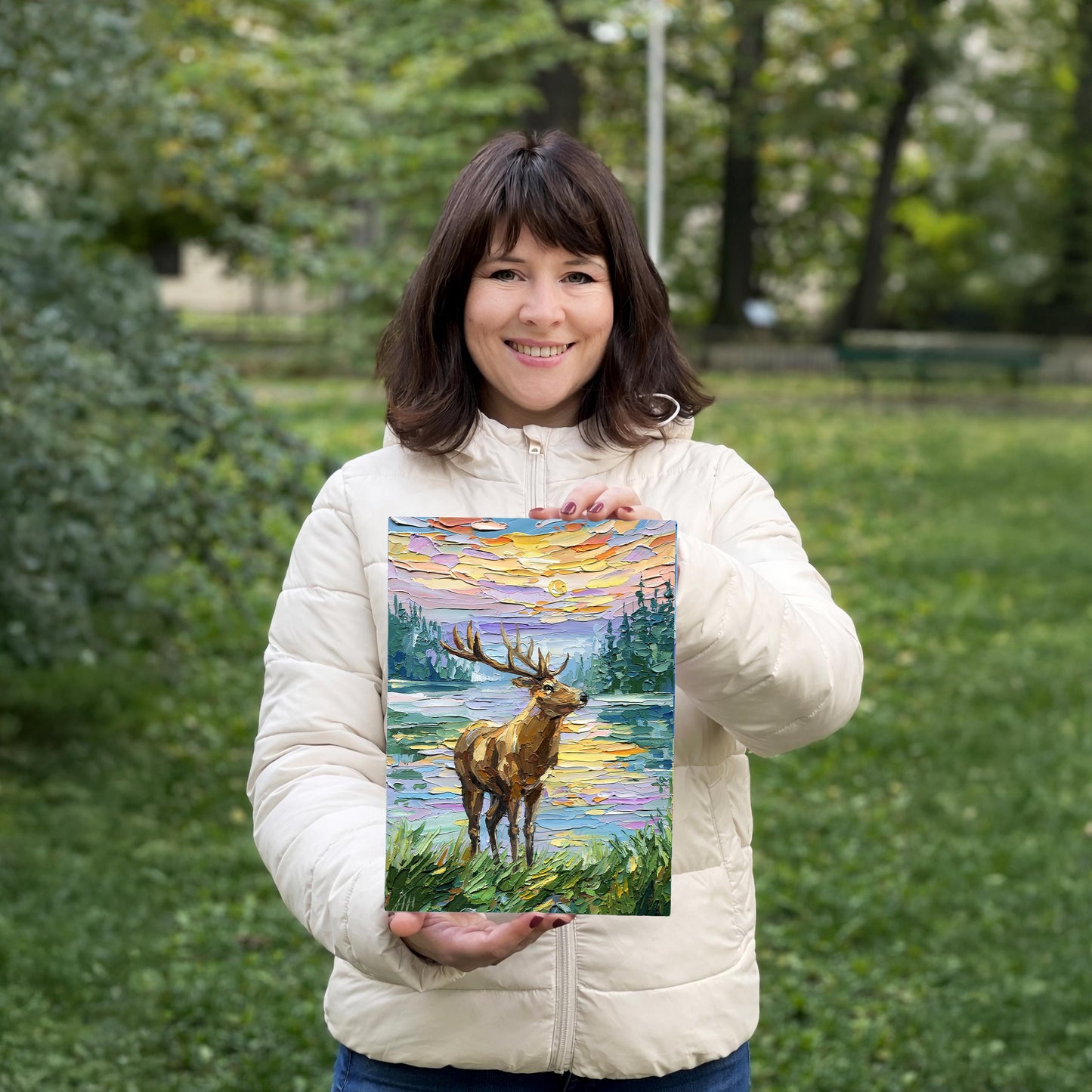 Deer Oil Painting: Textured Impasto Wildlife Art, Original landscape, Palette Knife Sunset Lake Artwork