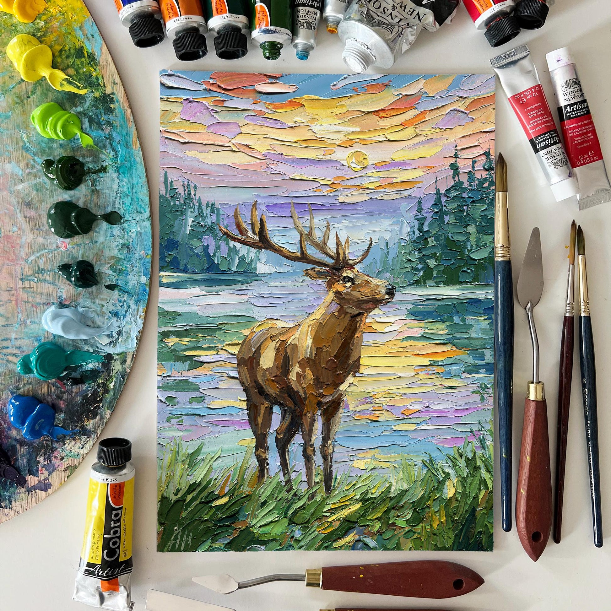 Deer Oil Painting: Textured Impasto Wildlife Art, Original landscape, Palette Knife Sunset Lake Artwork