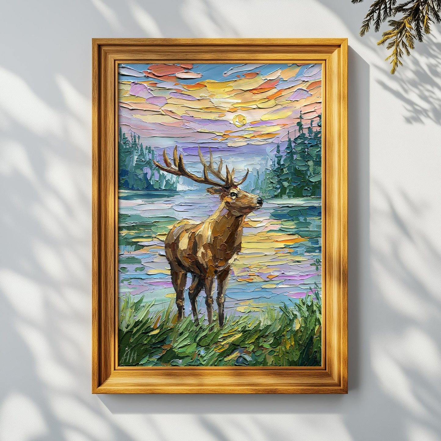 Deer Oil Painting: Textured Impasto Wildlife Art, Original landscape, Palette Knife Sunset Lake Artwork