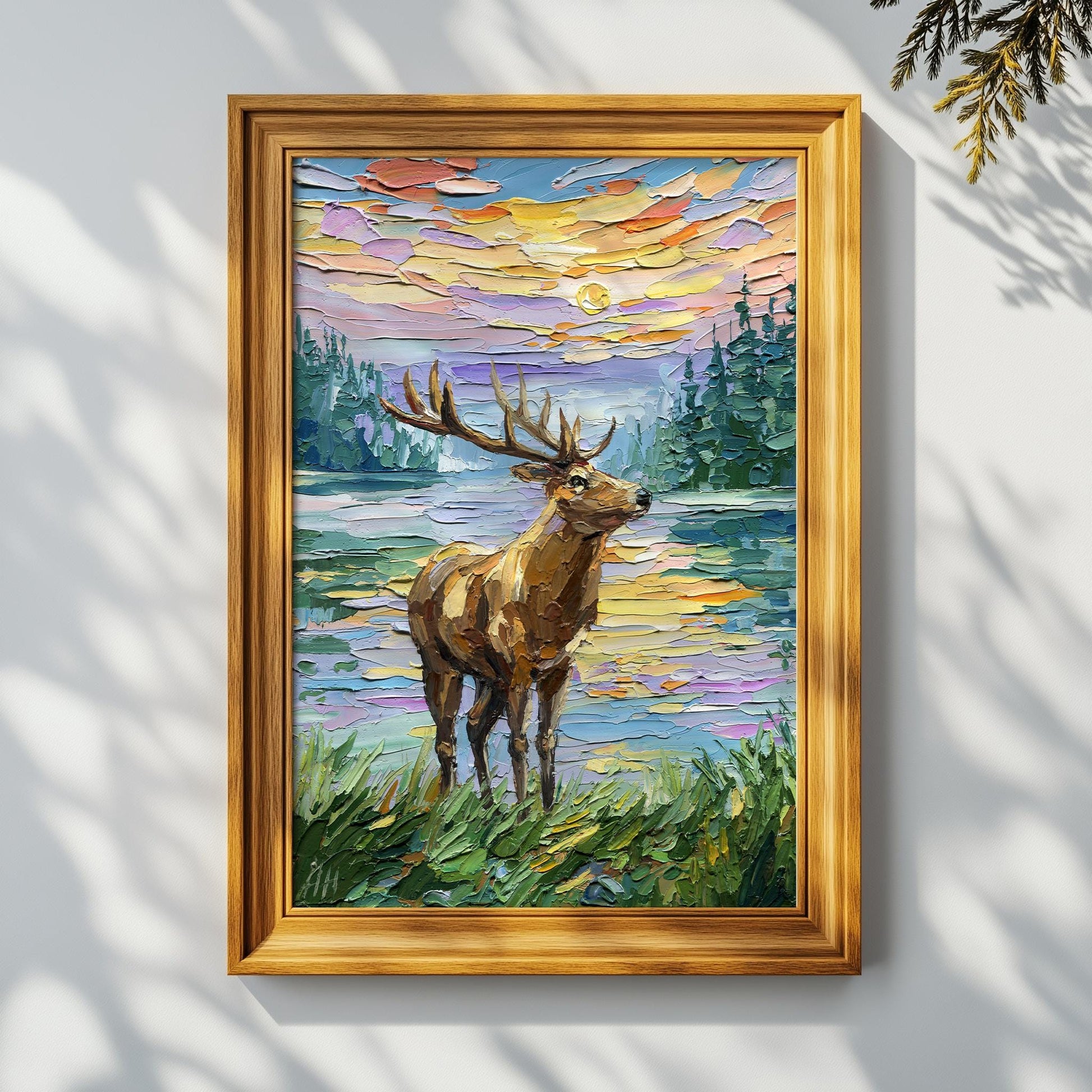 Deer Oil Painting: Textured Impasto Wildlife Art, Original landscape, Palette Knife Sunset Lake Artwork