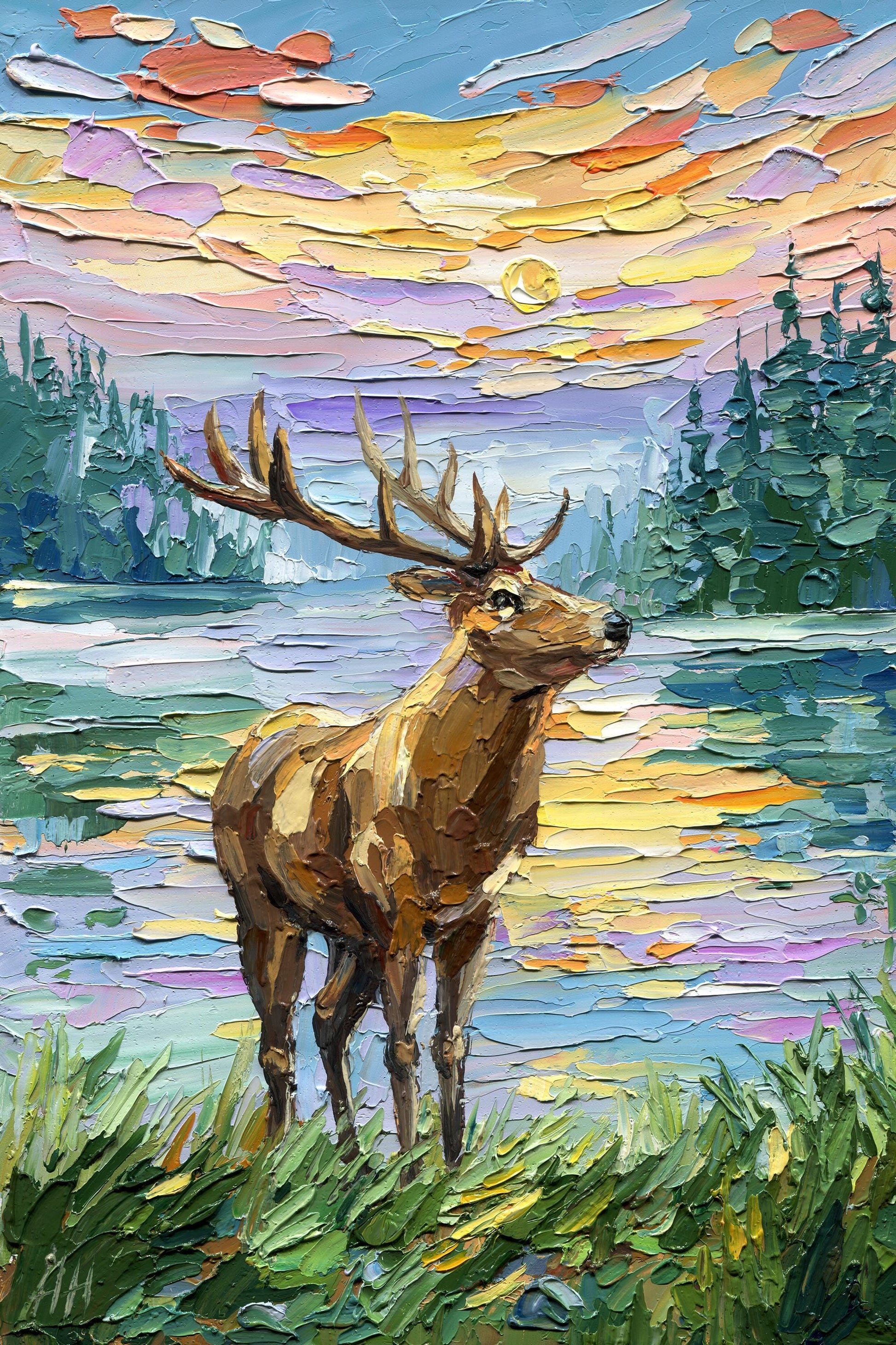 Deer Oil Painting: Textured Impasto Wildlife Art, Original landscape, Palette Knife Sunset Lake Artwork