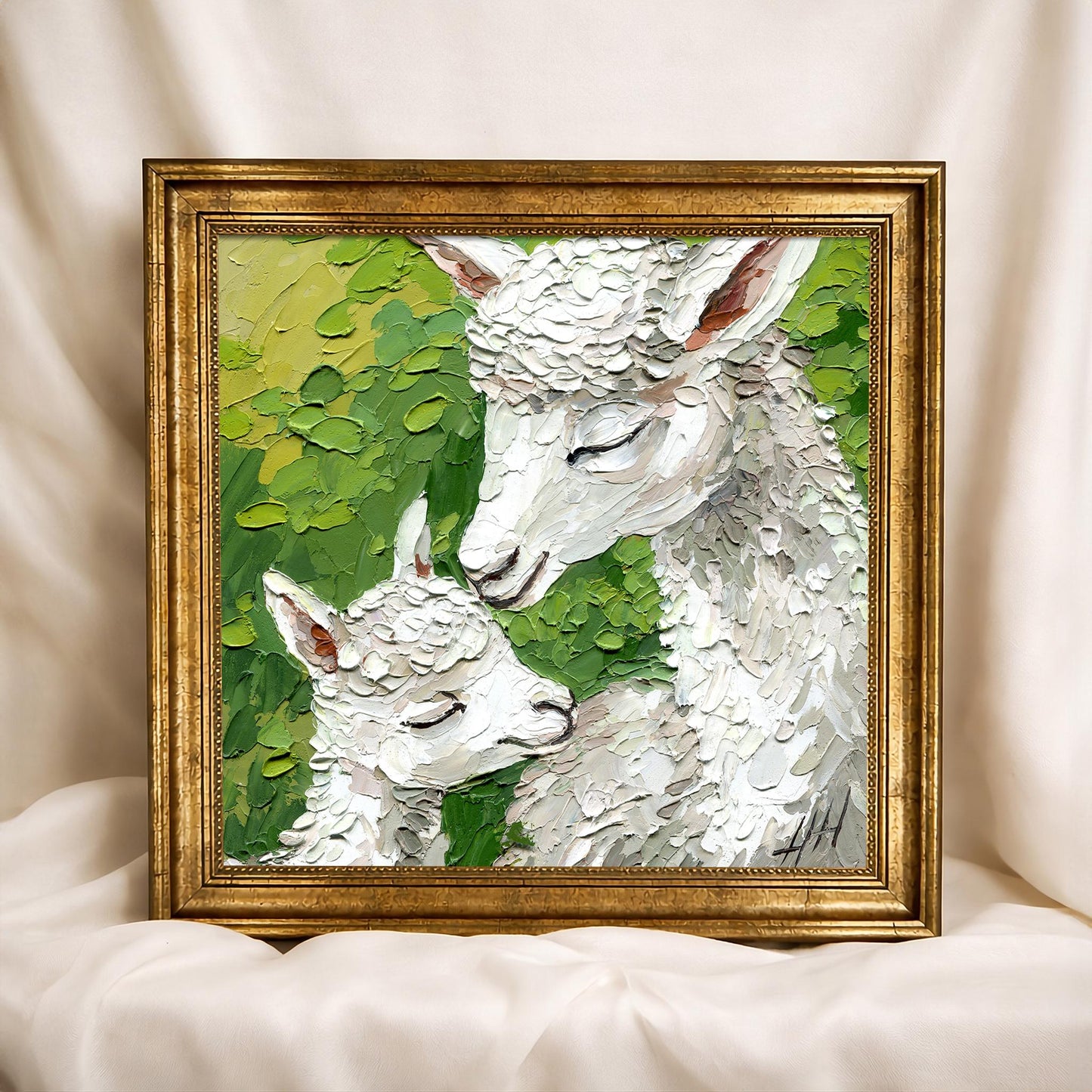 Alpaca and Baby Painting, Original Impasto Oil Art, Textured White Animal, Farmhouse Wall Decor
