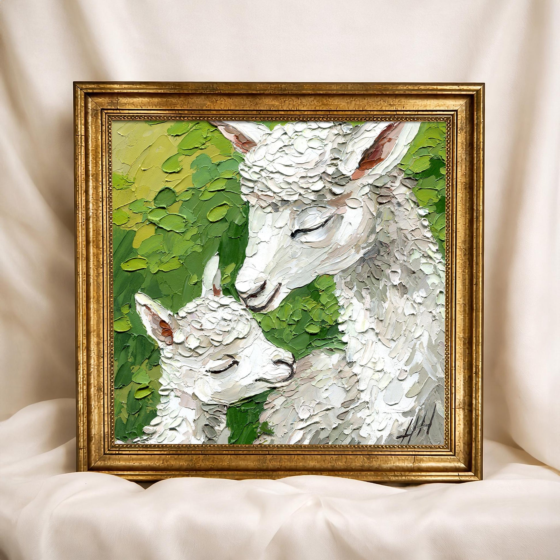 Alpaca and Baby Painting, Original Impasto Oil Art, Textured White Animal, Farmhouse Wall Decor