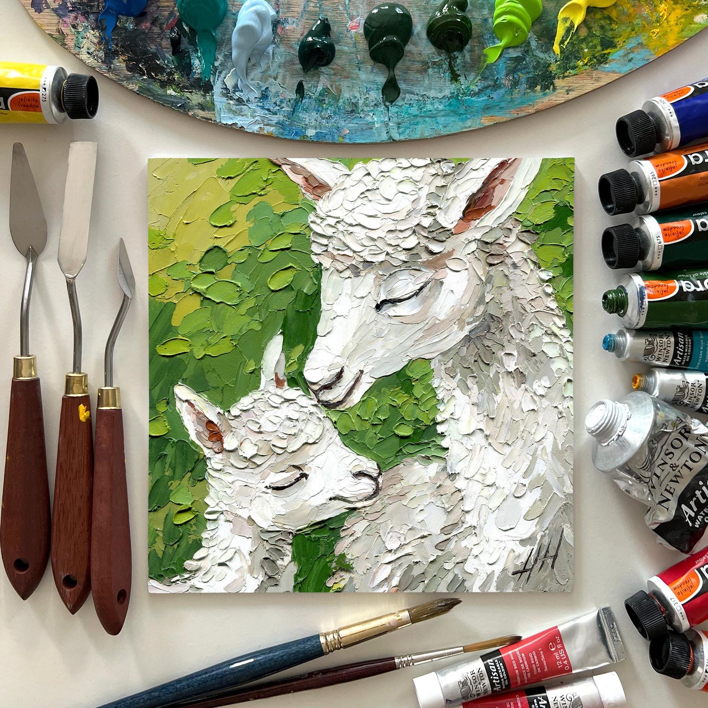 Alpaca and Baby Painting, Original Impasto Oil Art, Textured White Animal, Farmhouse Wall Decor