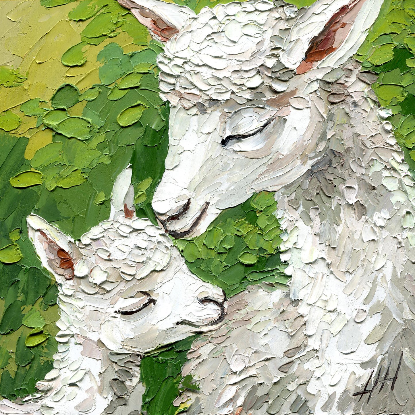 Alpaca and Baby Painting, Original Impasto Oil Art, Textured White Animal, Farmhouse Wall Decor
