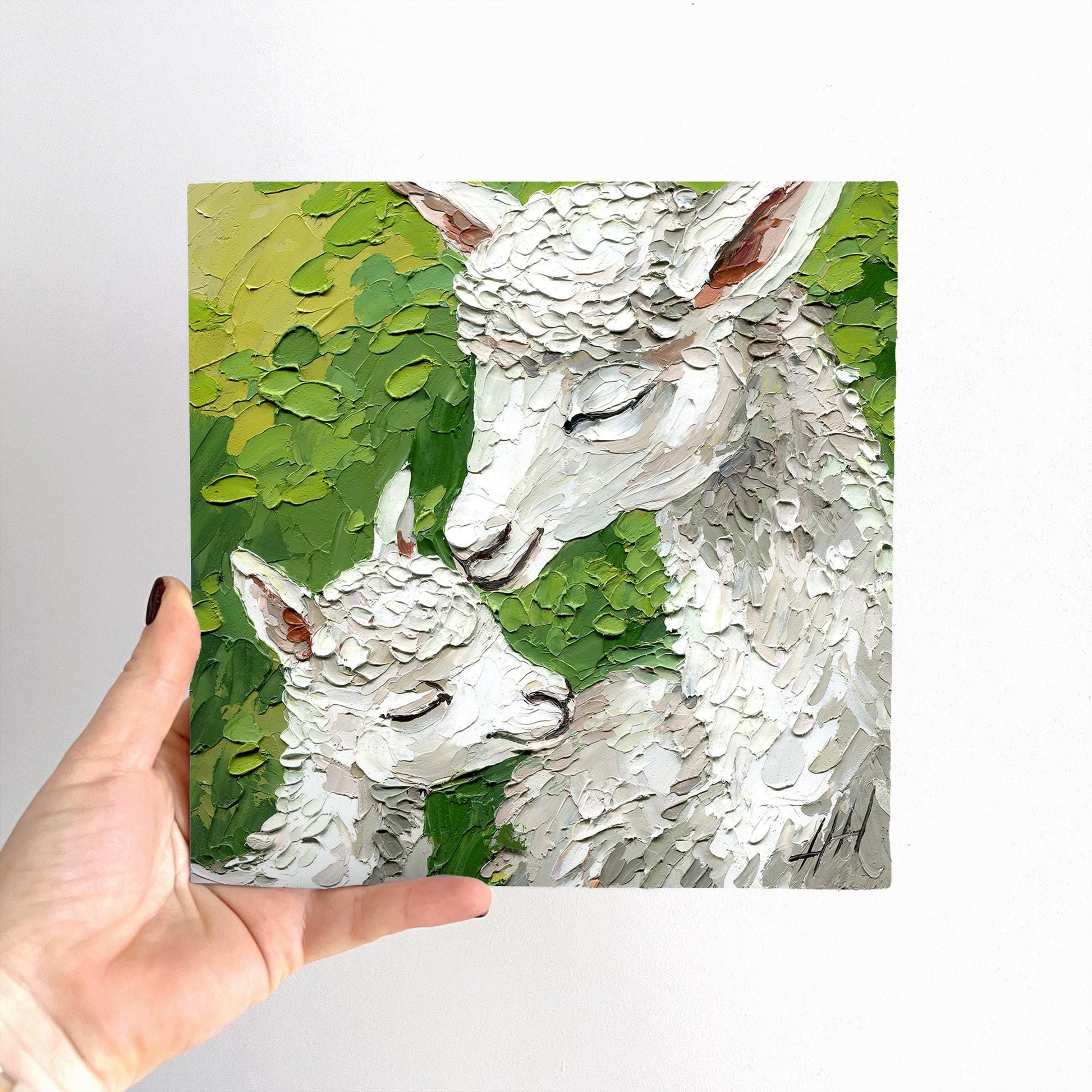Alpaca and Baby Painting, Original Impasto Oil Art, Textured White Animal, Farmhouse Wall Decor