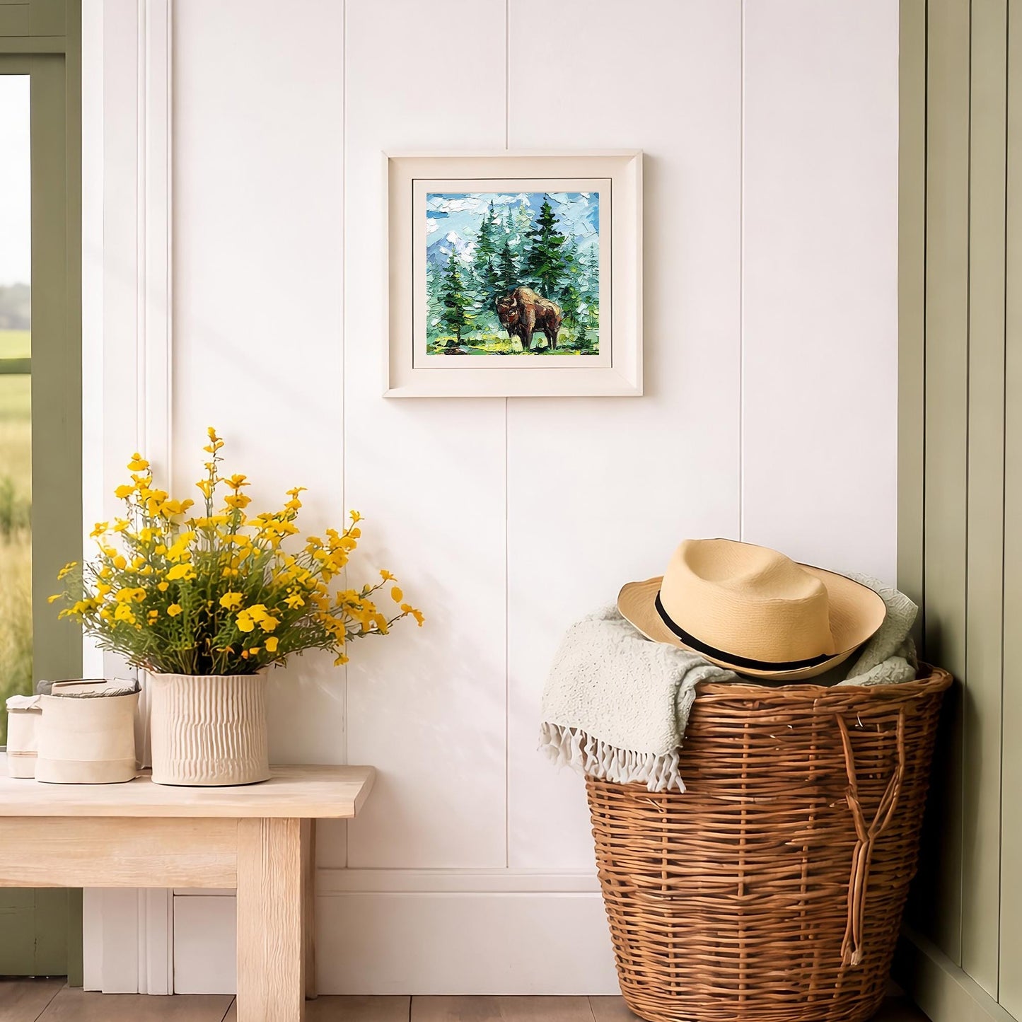 Bison Yellowstone wildlife oil painting: impasto landscape in mountain forest style artwork