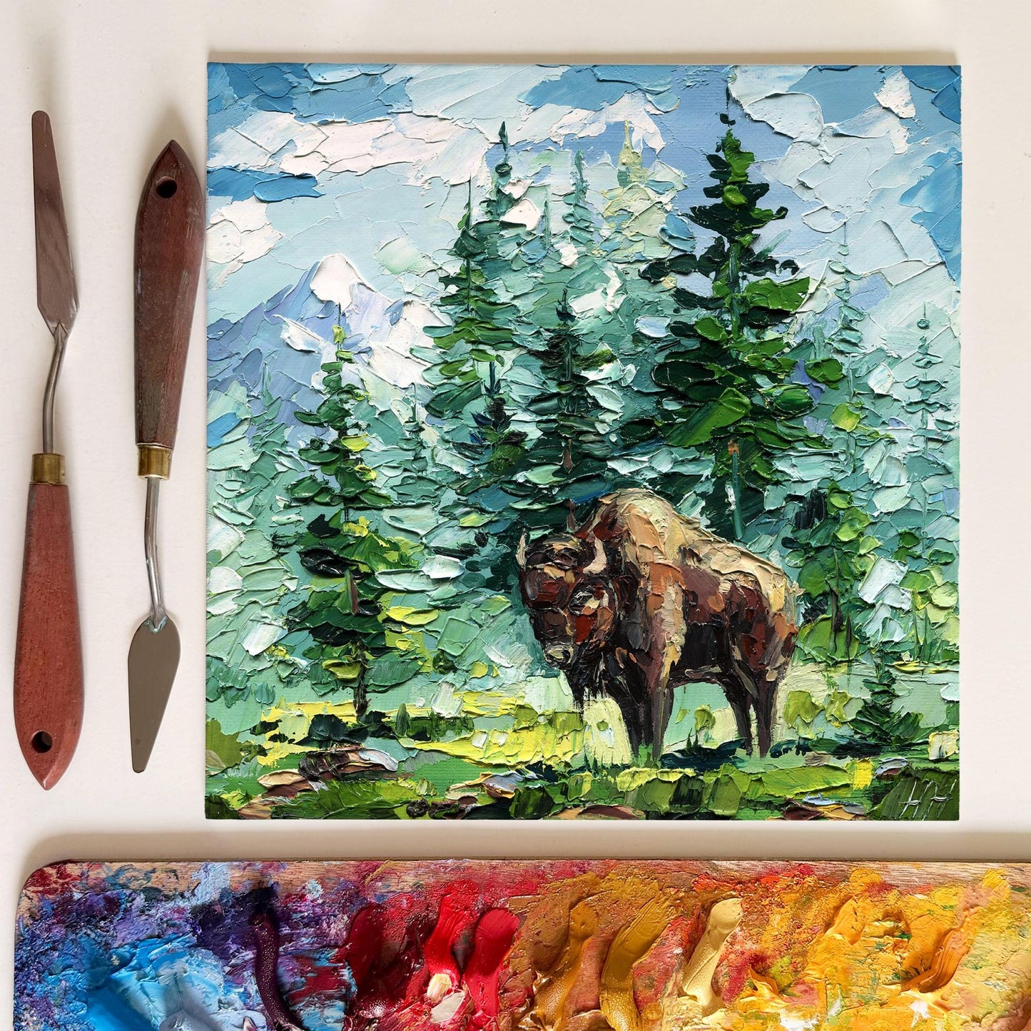 Bison Yellowstone wildlife oil painting: impasto landscape in mountain forest style artwork