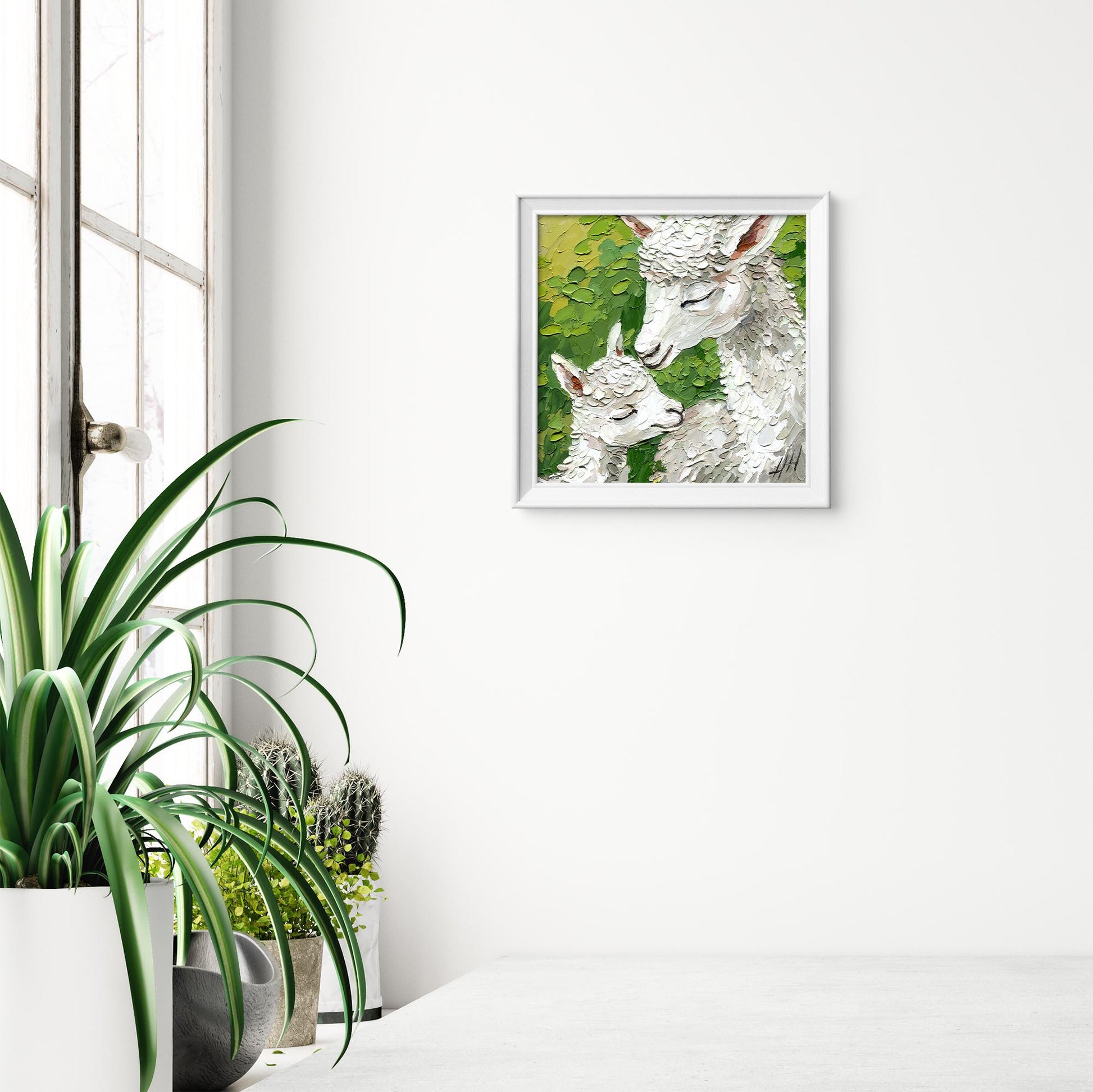 Alpaca and Baby Painting, Original Impasto Oil Art, Textured White Animal, Farmhouse Wall Decor