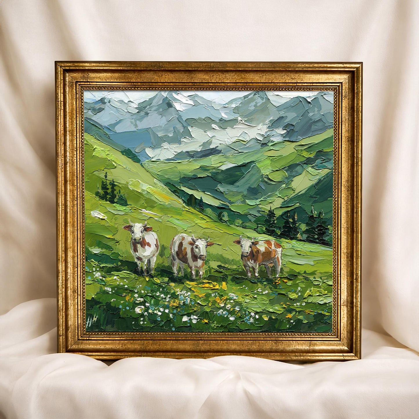 Mountain Landscape Meadow Oil Painting, Textured Impasto Alpine Cows Art, Rustic Wall Decor