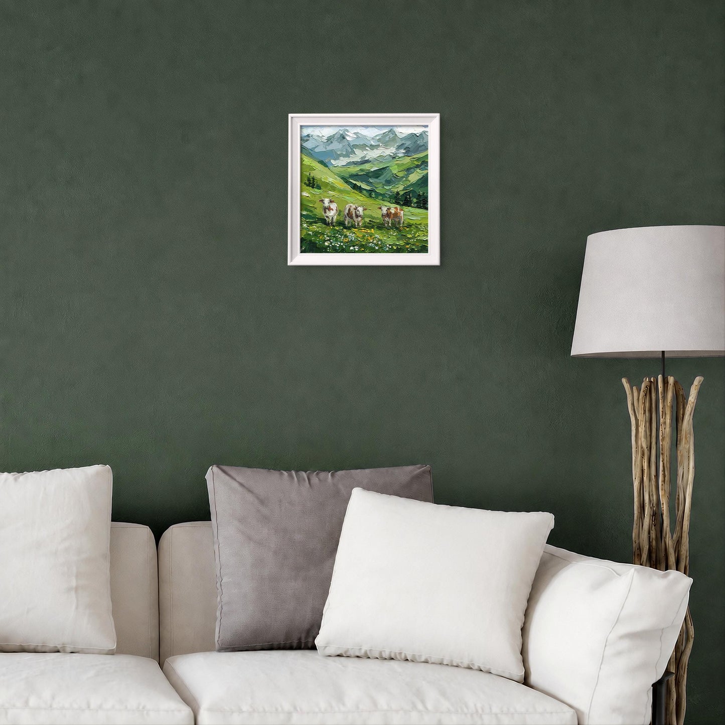 Mountain Landscape Meadow Oil Painting, Textured Impasto Alpine Cows Art, Rustic Wall Decor