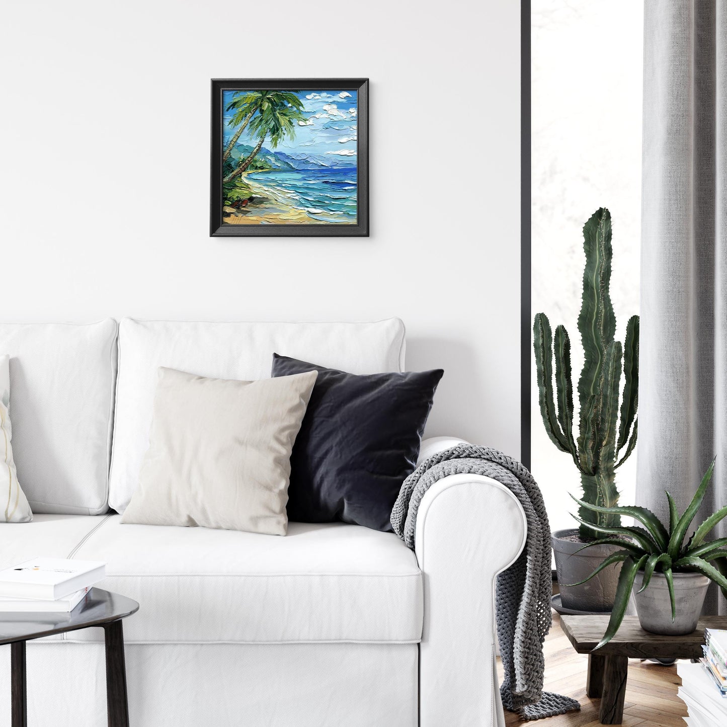 Hawaii oil painting: tropical beach seascape with palm trees in impasto palette knife technique
