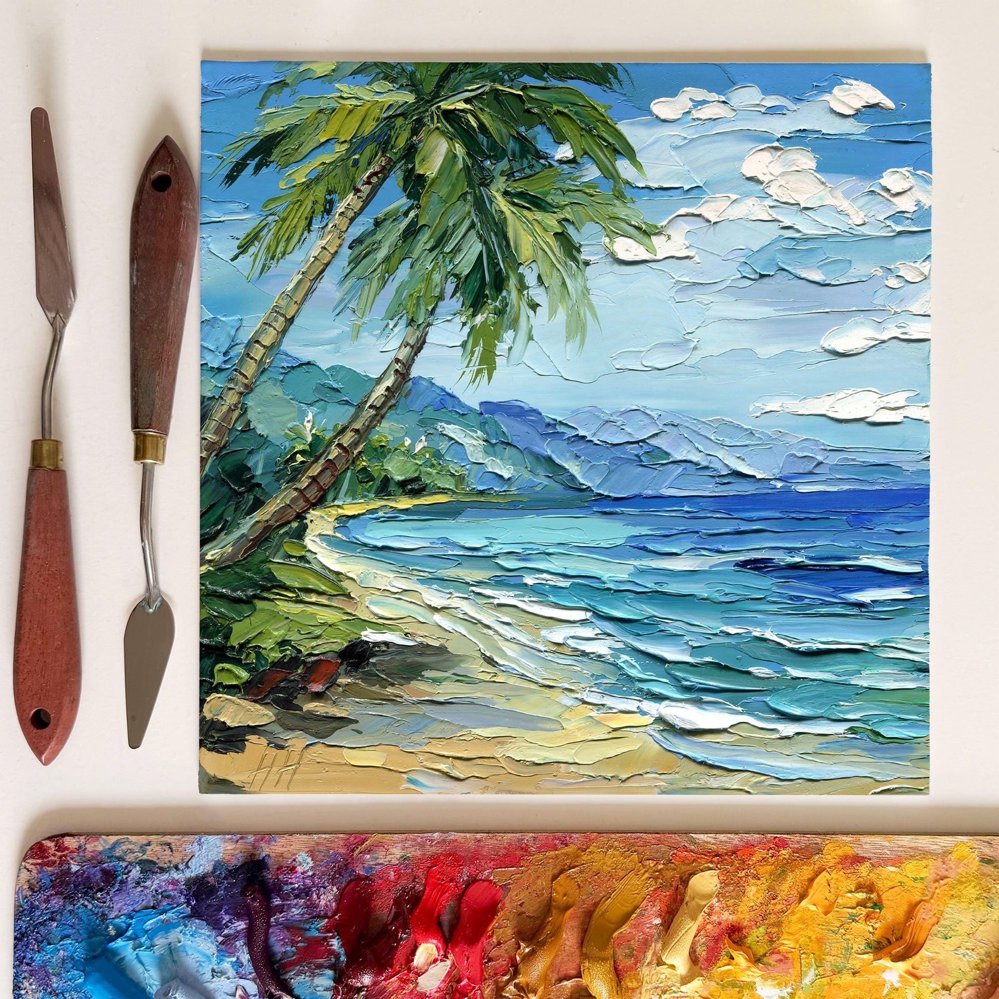 Hawaii oil painting: tropical beach seascape with palm trees in impasto palette knife technique