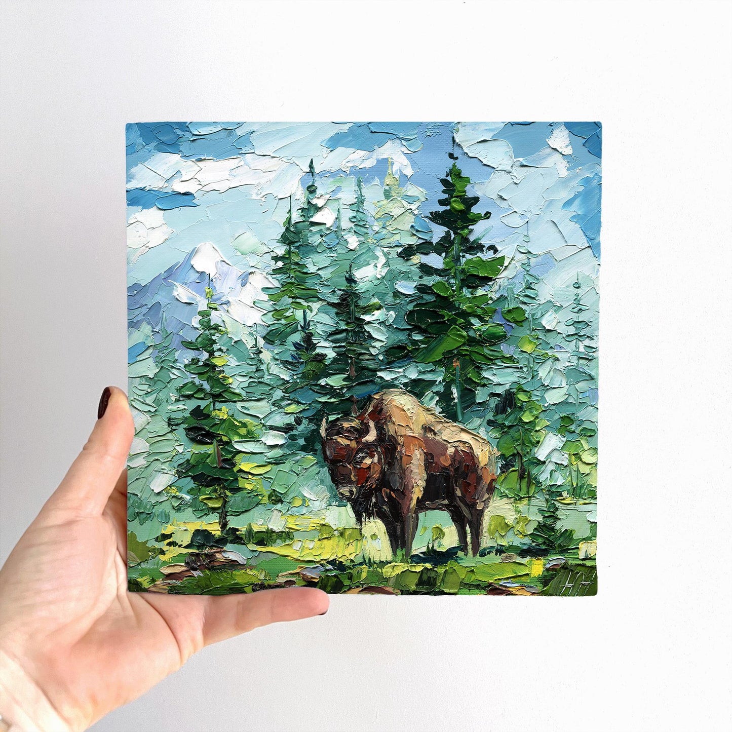 Bison Yellowstone wildlife oil painting: impasto landscape in mountain forest style artwork