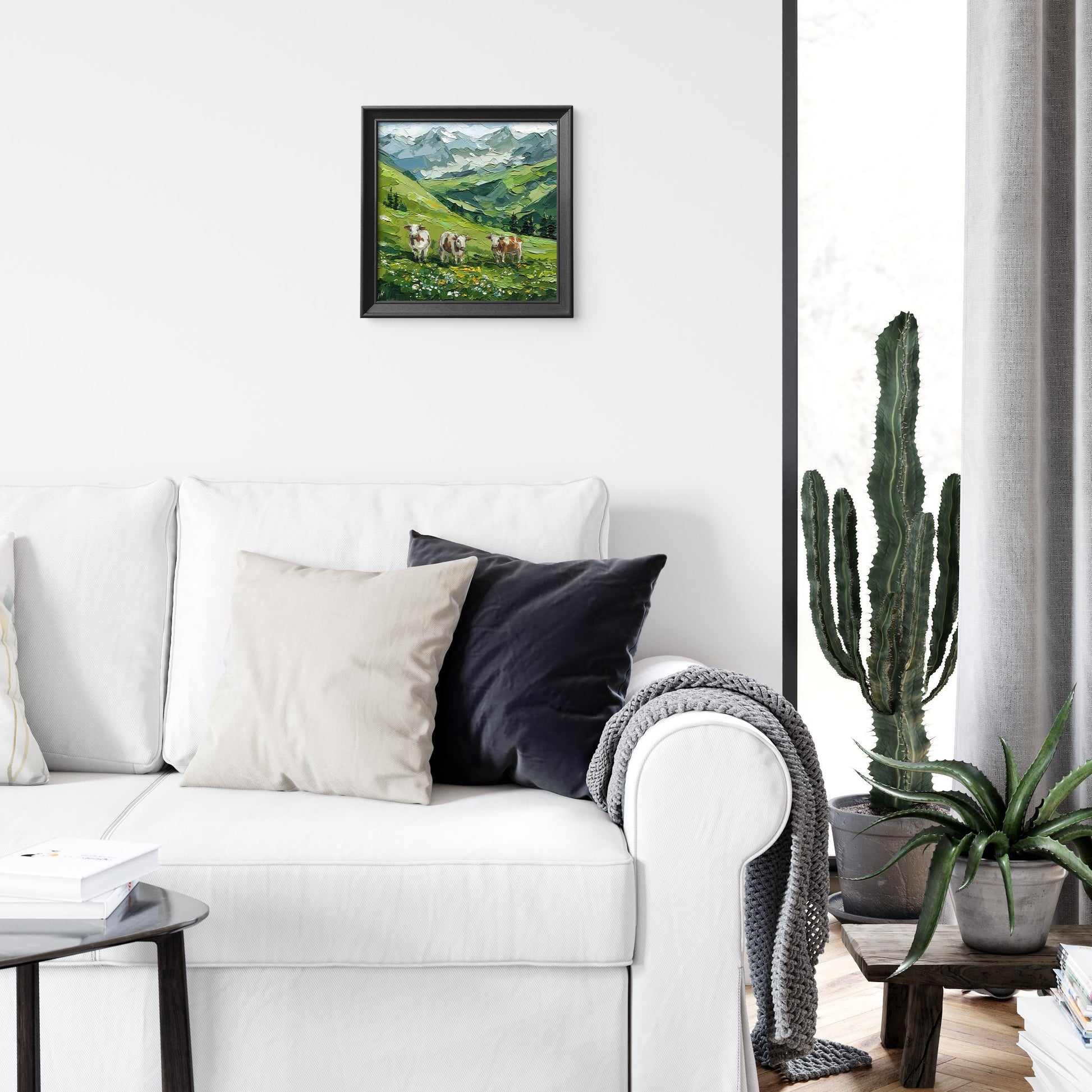Mountain Landscape Meadow Oil Painting, Textured Impasto Alpine Cows Art, Rustic Wall Decor