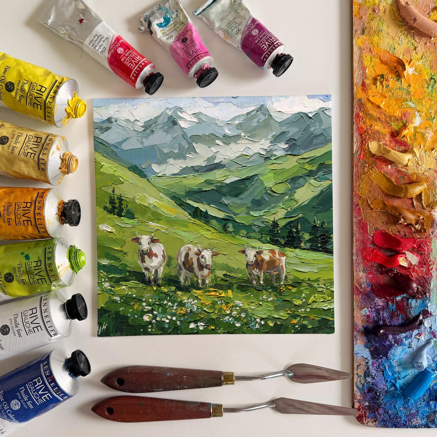 Mountain Landscape Meadow Oil Painting, Textured Impasto Alpine Cows Art, Rustic Wall Decor