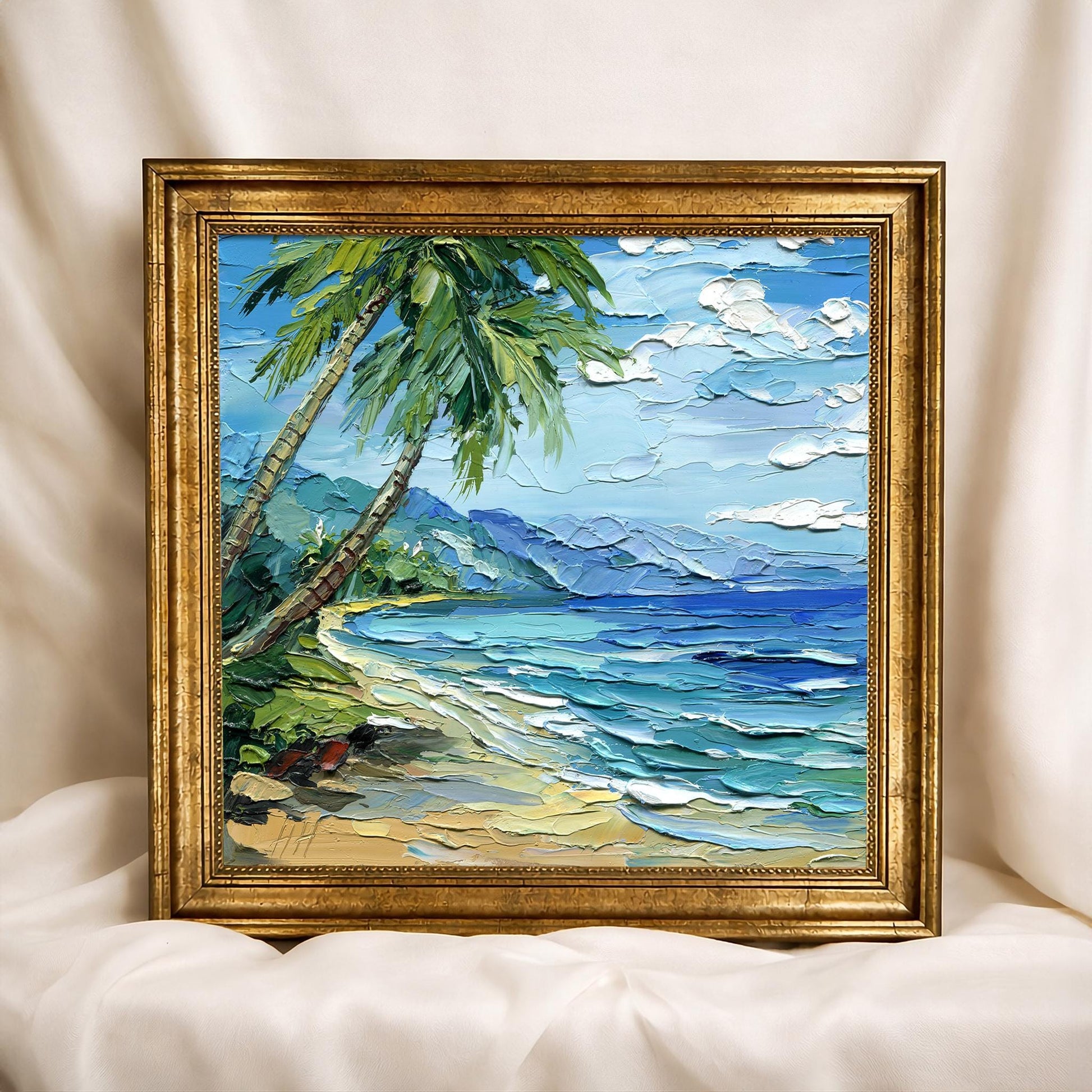 Hawaii oil painting: tropical beach seascape with palm trees in impasto palette knife technique