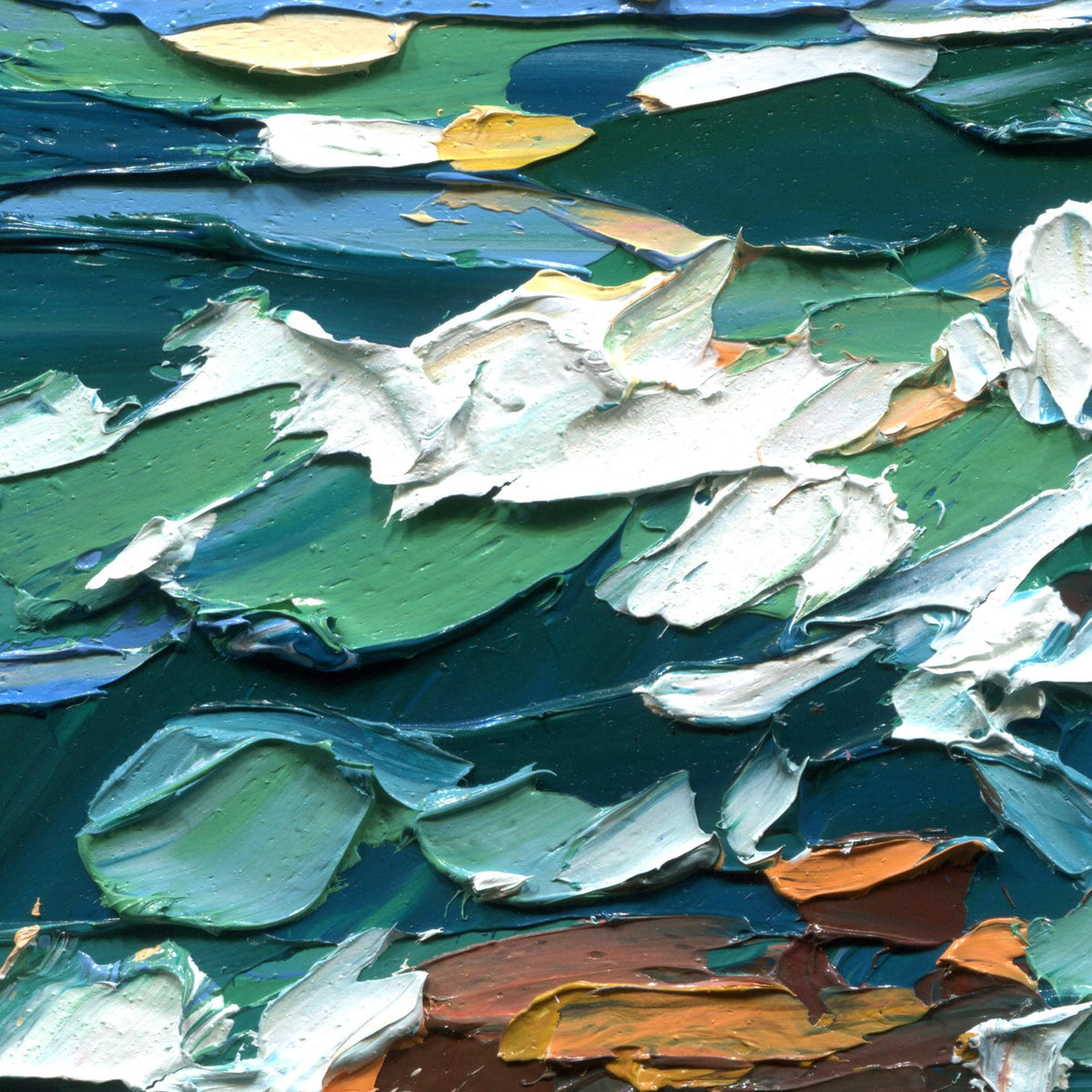 Close-up of raised palette-knife texture in the teal waves, white surf, and ochre rocks of Acadia Lighthouse