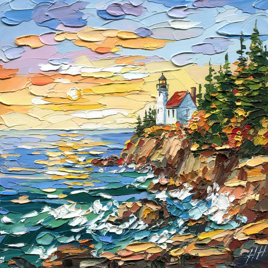 Acadia Lighthouse original oil painting by Hanna Hryharenka, with a white lighthouse, rocky coast, turquoise surf, and golden sunset